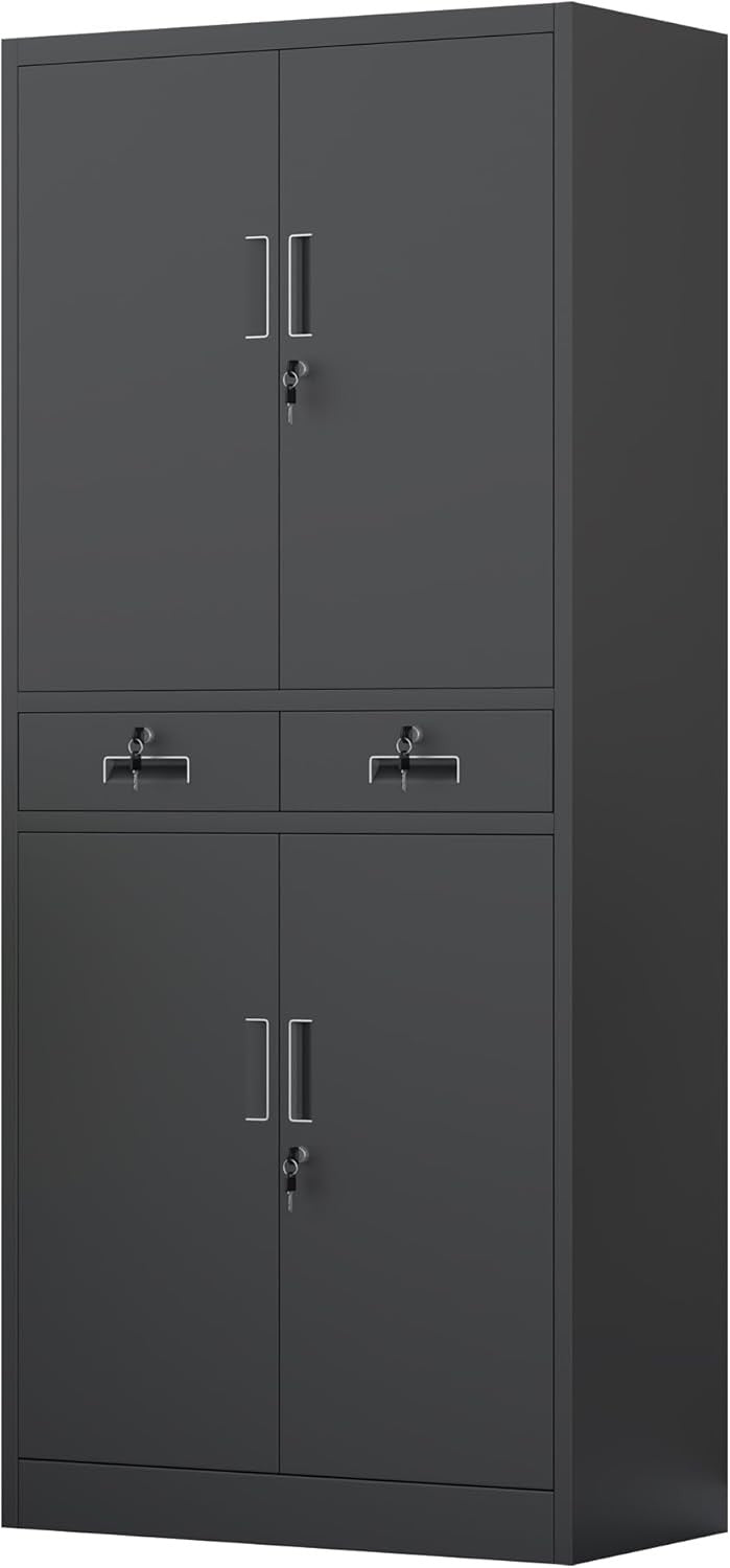 Tall Metal Storage Cupboard with Lock Doors Drawers Adjustable Shelves Black