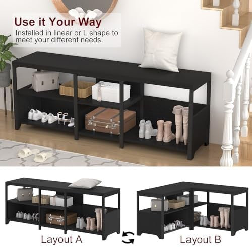 Black Entryway Storage Bench 145cm Shoe Rack Hallway Living Room Seat