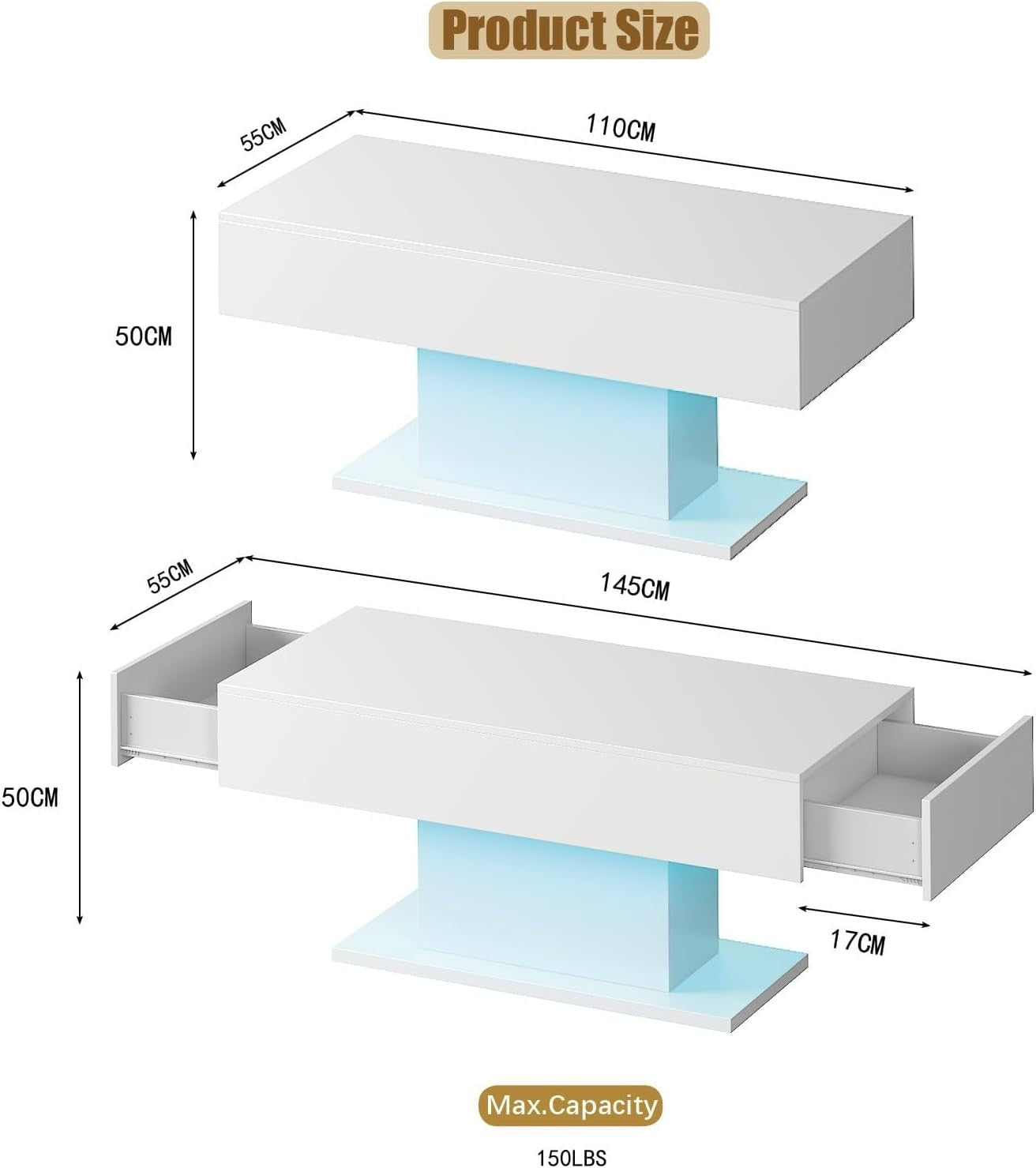 White LED Coffee Table with 2 Drawers, High Gloss Rectangular 110x55cm
