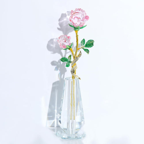 Pink Crystal Rose Figurine with Vase – Luxury Glass Flower Gift Ornament Decor
