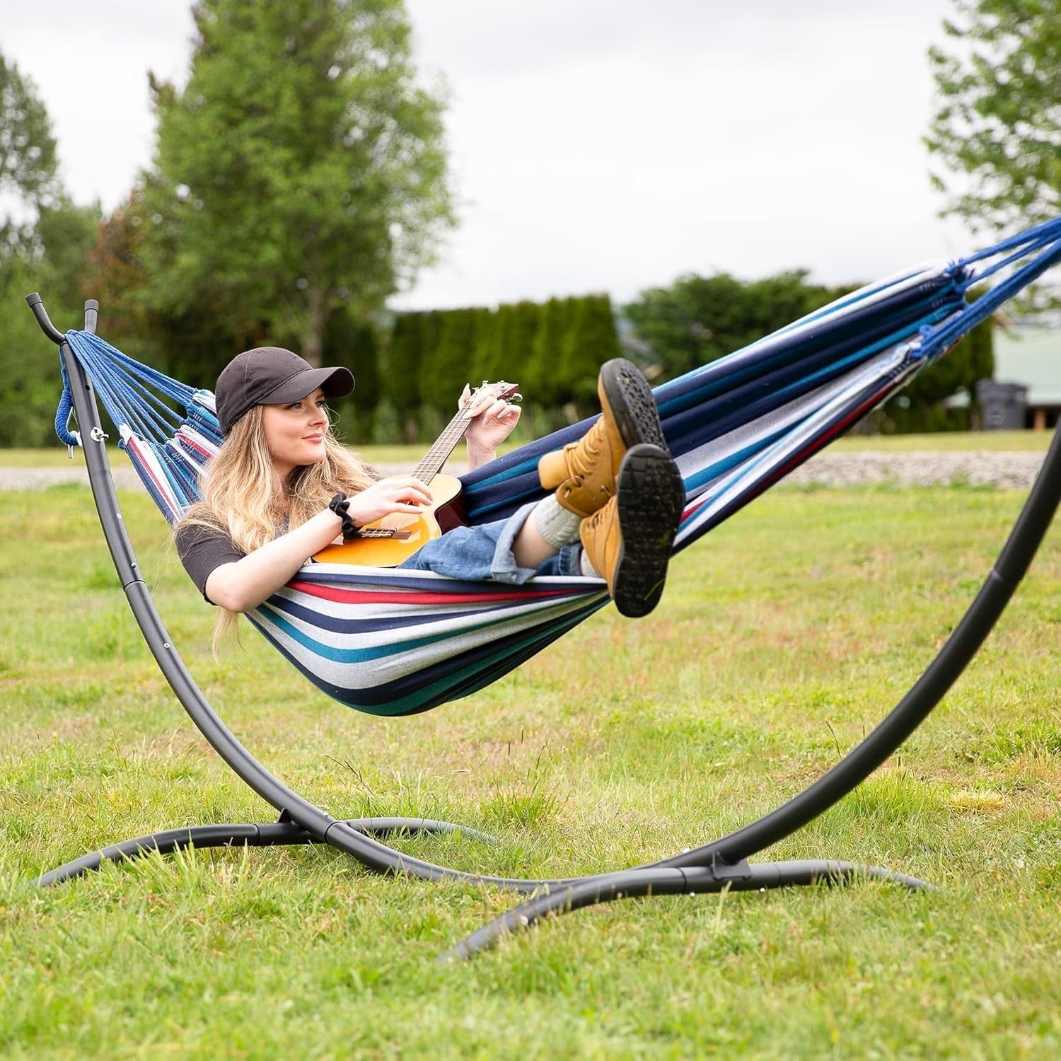 Blue Red Hammock with Stand | 2-3 Person 475lb Capacity | Portable Patio Bed