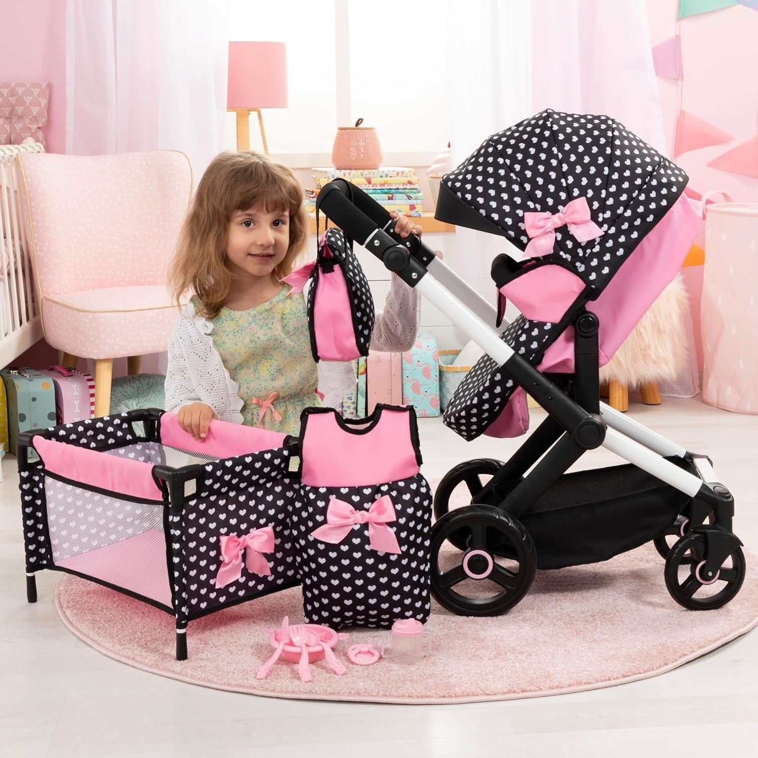Dolls Pram Pushchair Convertible Adjustable Handle Bed Bag Set