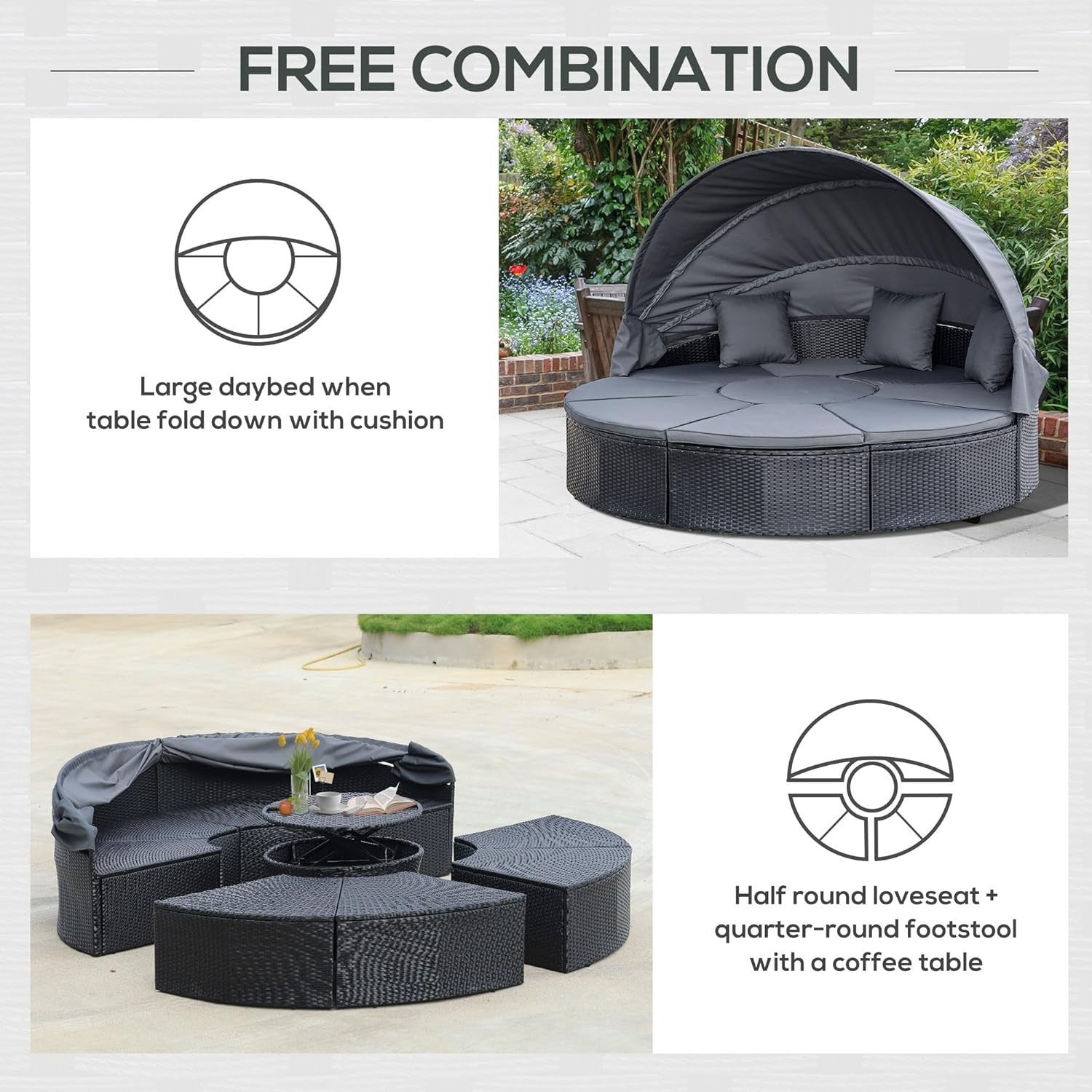 Luxury 4-Piece Rattan Garden Daybed Set w/ Canopy & Table – Round Sofa