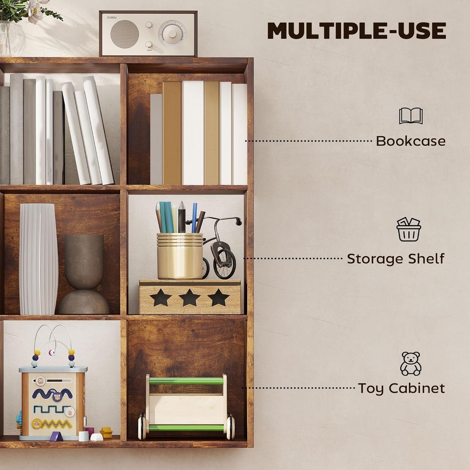 Rustic 9-Cube Bookcase Storage Unit Organiser Shelving for Home Office Living