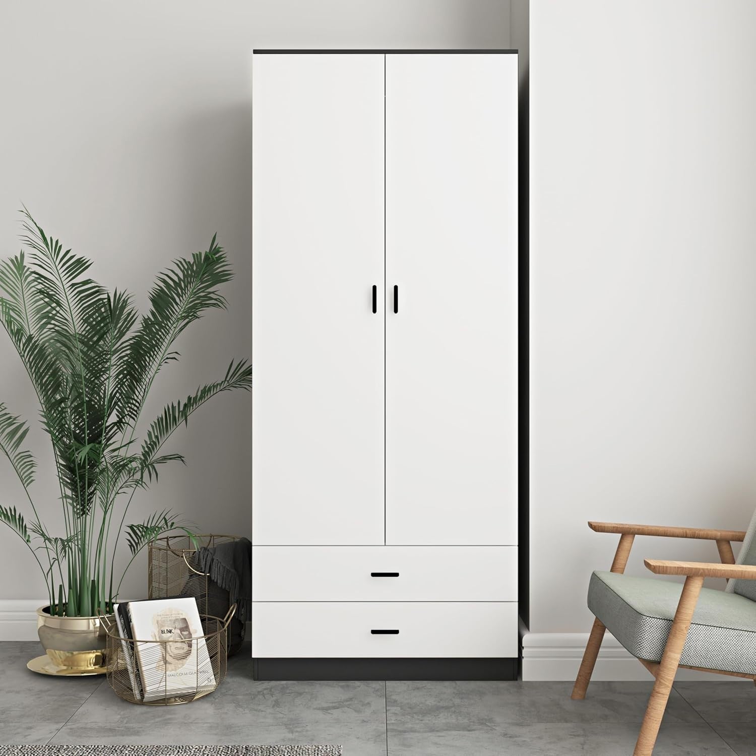 Modern White Black Wardrobe 2 Door 2 Drawer Rail Slim Bedroom Storage