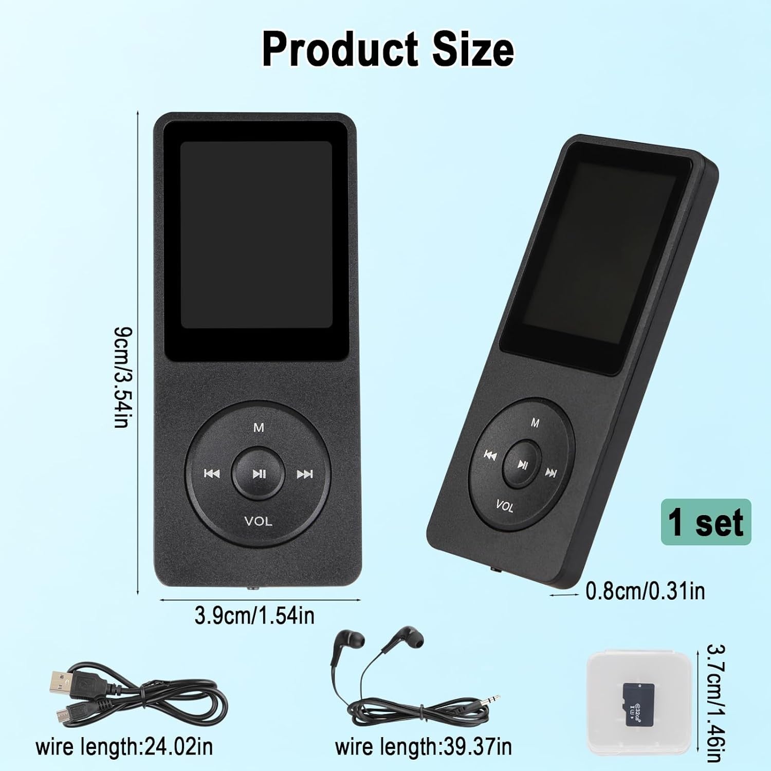 32GB Bluetooth 5.3 MP3 Player Black 1.8" Screen HiFi FM + Earphones
