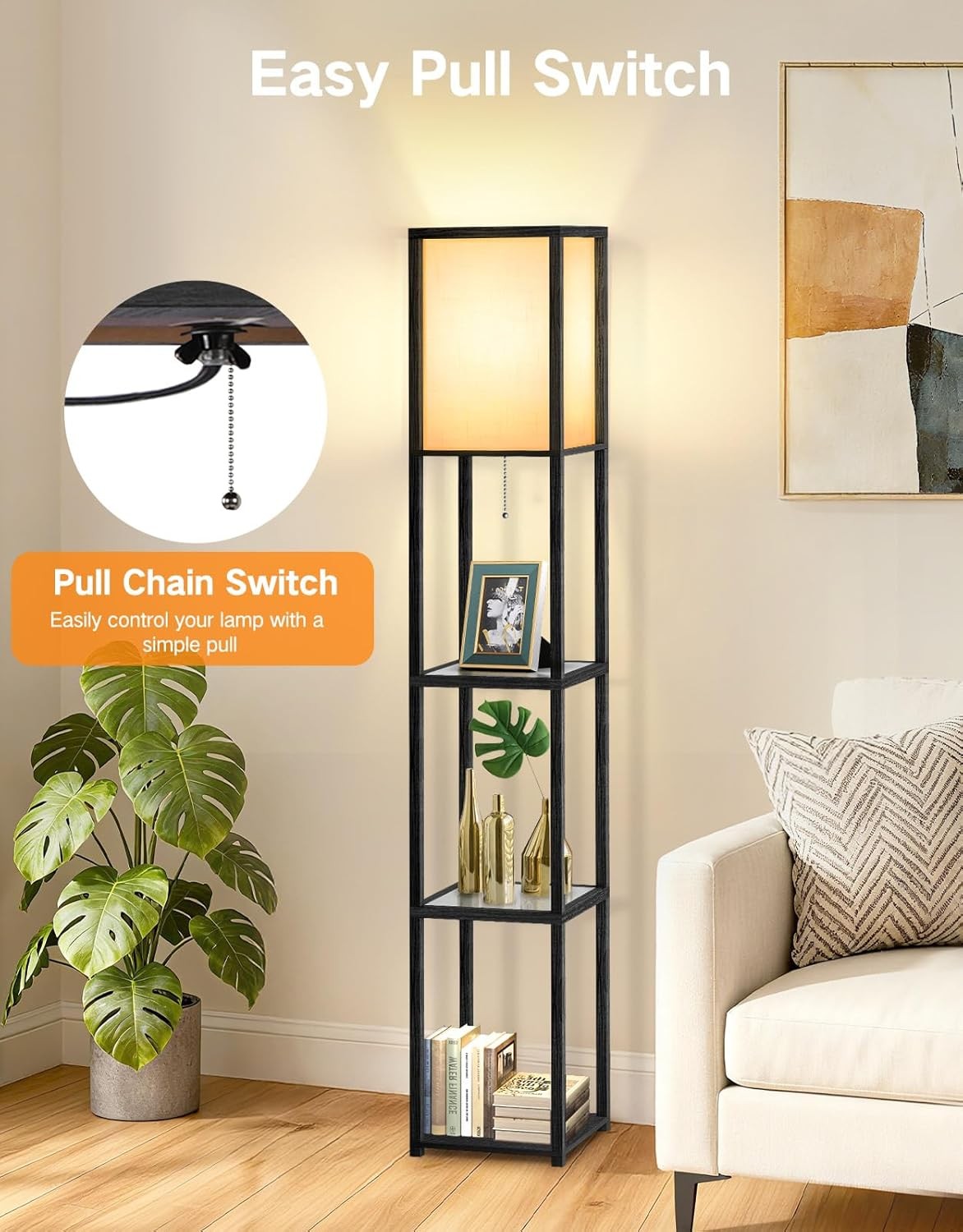 Floor Lamp with Shelves LED Adjustable Colour Standing Storage Light Black