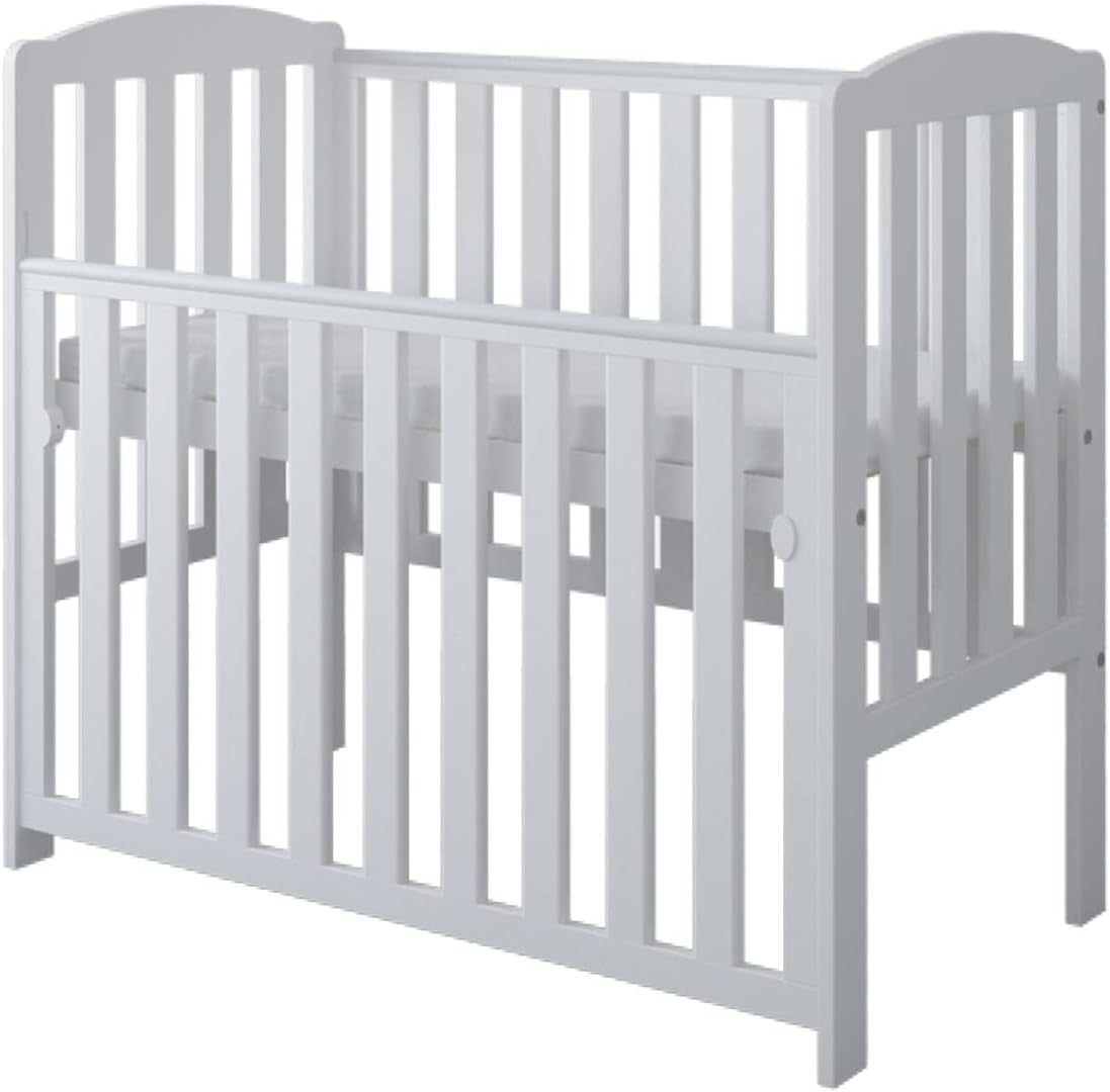 Space Saver Baby Cot with Drop Side Adjustable Height Grey Mini Crib White