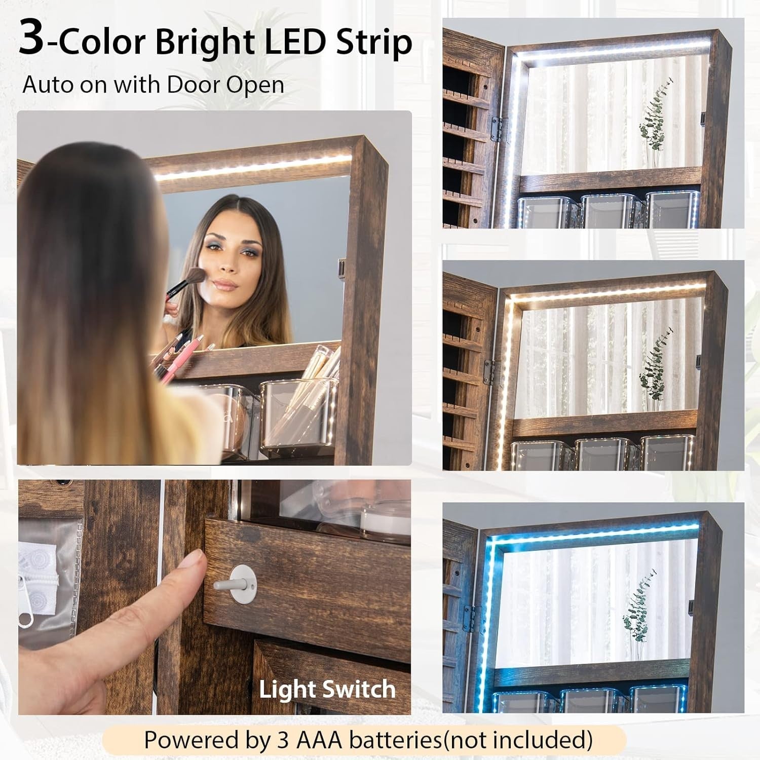 Rustic Brown LED Jewelry Cabinet Mirror Lockable Full Length Storage
