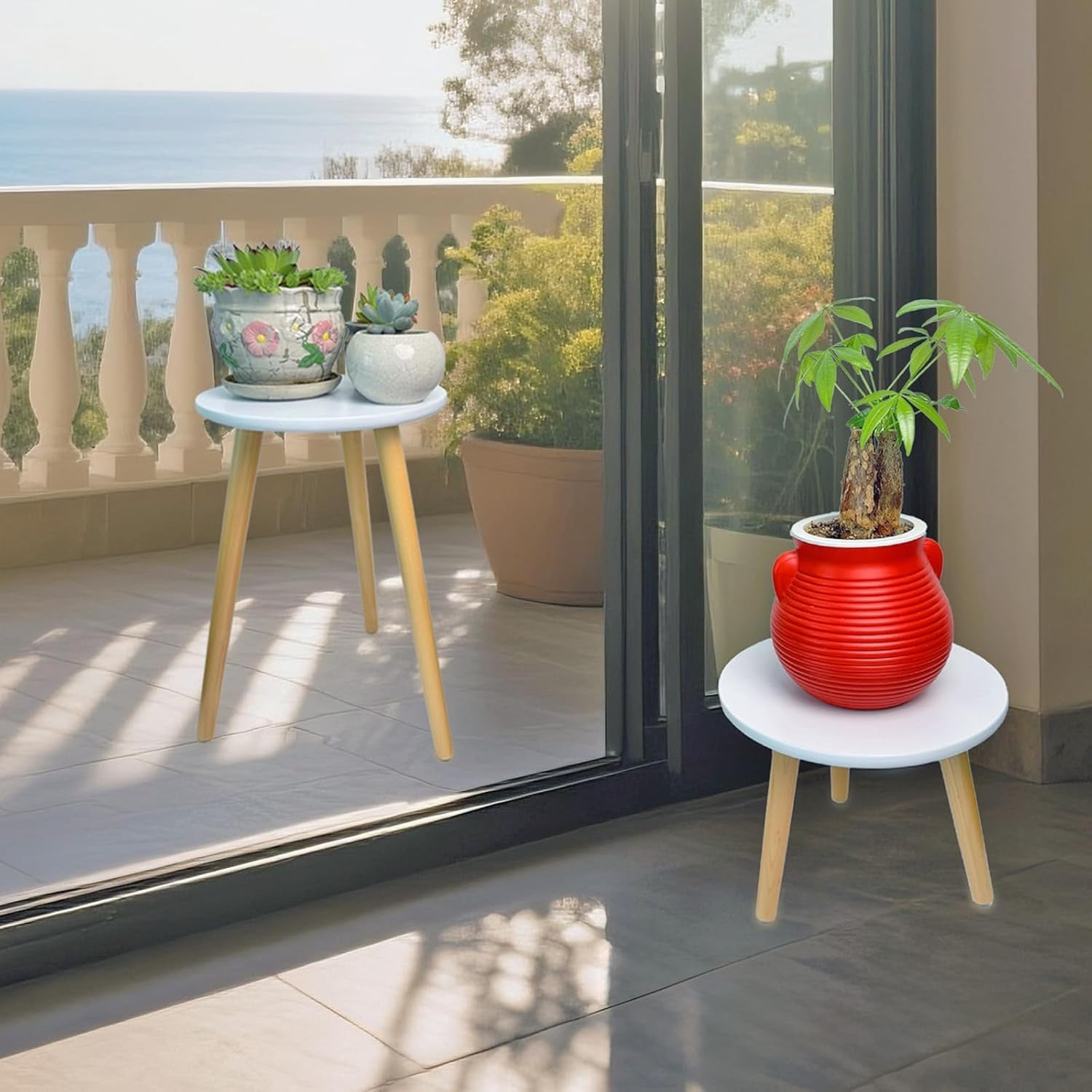 Wooden Plant Stands | White Round Flower Pot Tables for Modern Home Decor