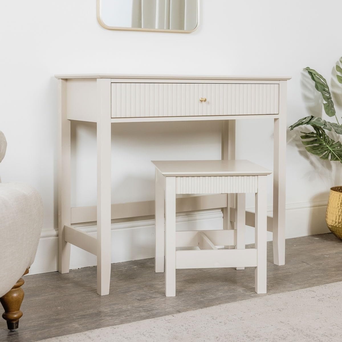 Taupe Grey Console Dressing Table & Stool Set Fluted Drawer Compact Bedroom