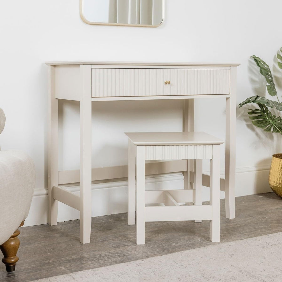 Taupe Grey Console Dressing Table & Stool Set Fluted Drawer Compact Bedroom