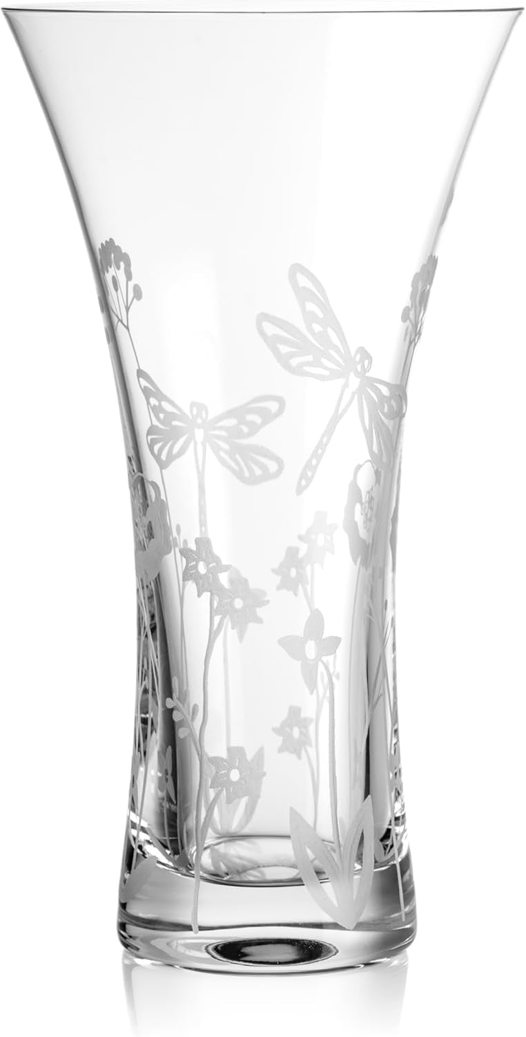 Crystal Trumpet Flower Vase Hand Cut Etched Glass 25cm Luxury Home Decor