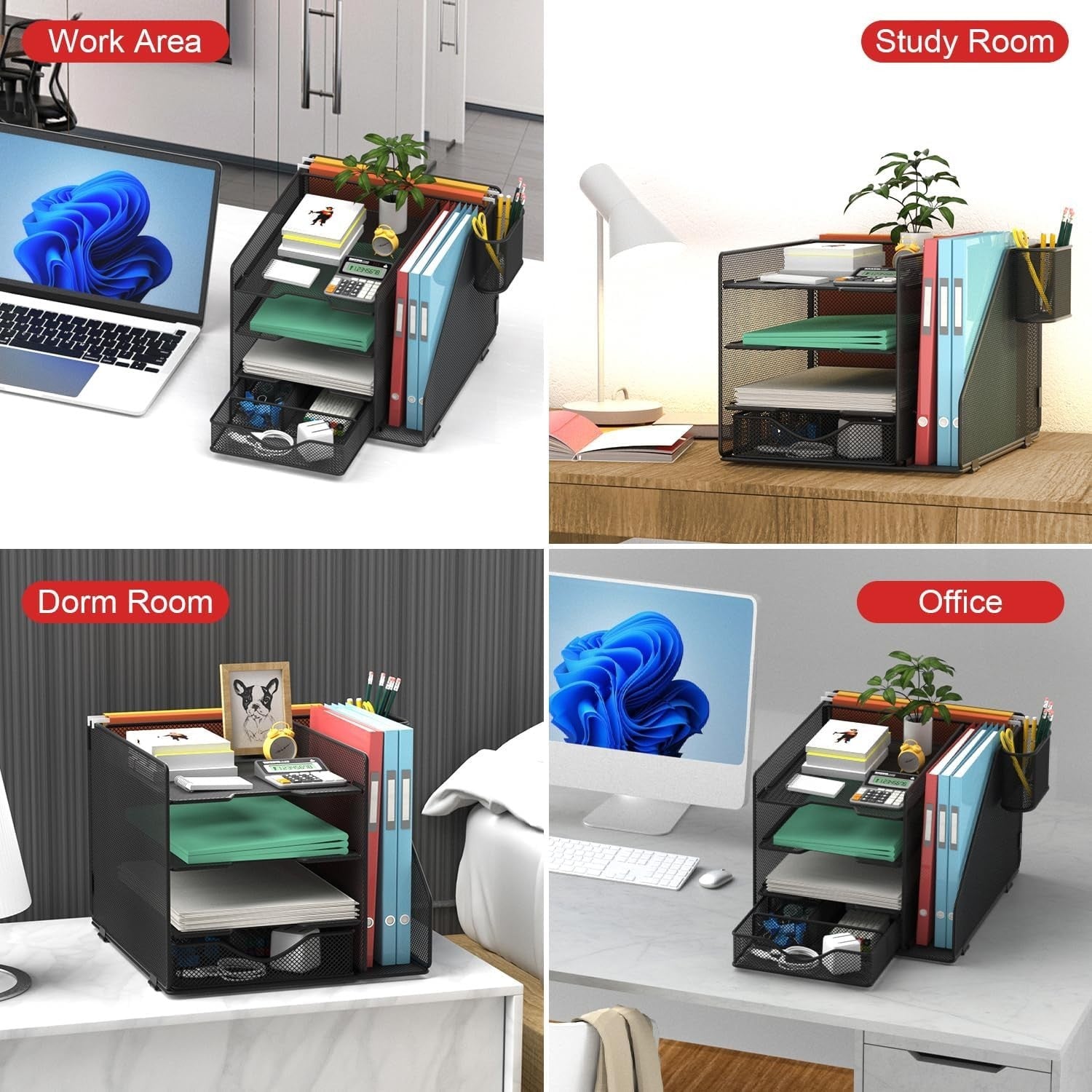 Black Mesh Desk Organiser – 4-Tier Paper Tray, Drawer & Pen Holder