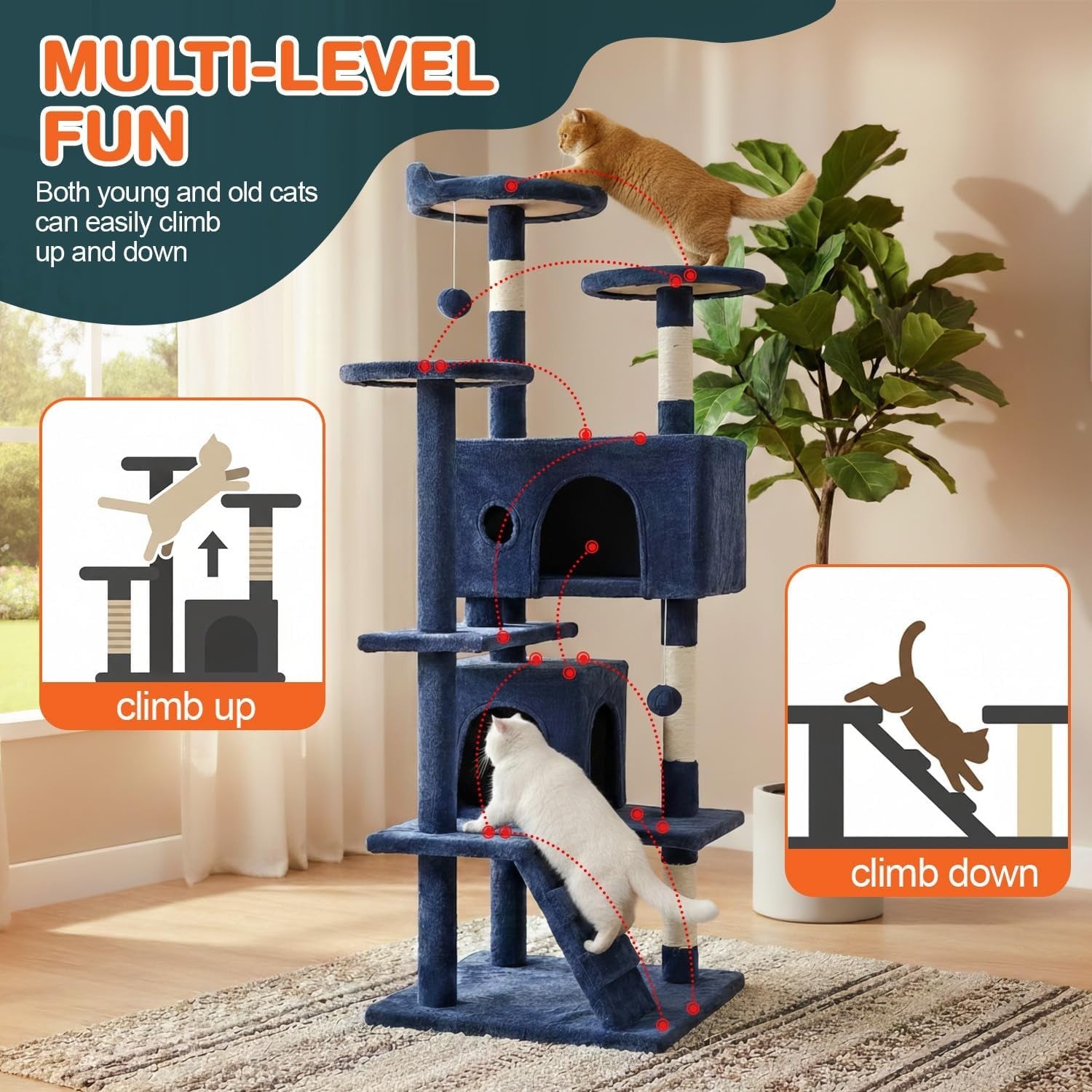 Navy Blue Multi Level Cat Tree Tower 139cm with Condo Scratching Posts Play Cent