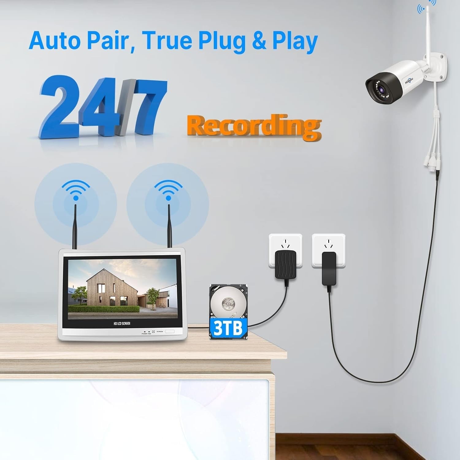 5MP Wireless CCTV System 4 Cameras 12" Monitor 3TB HDD NVR Kit