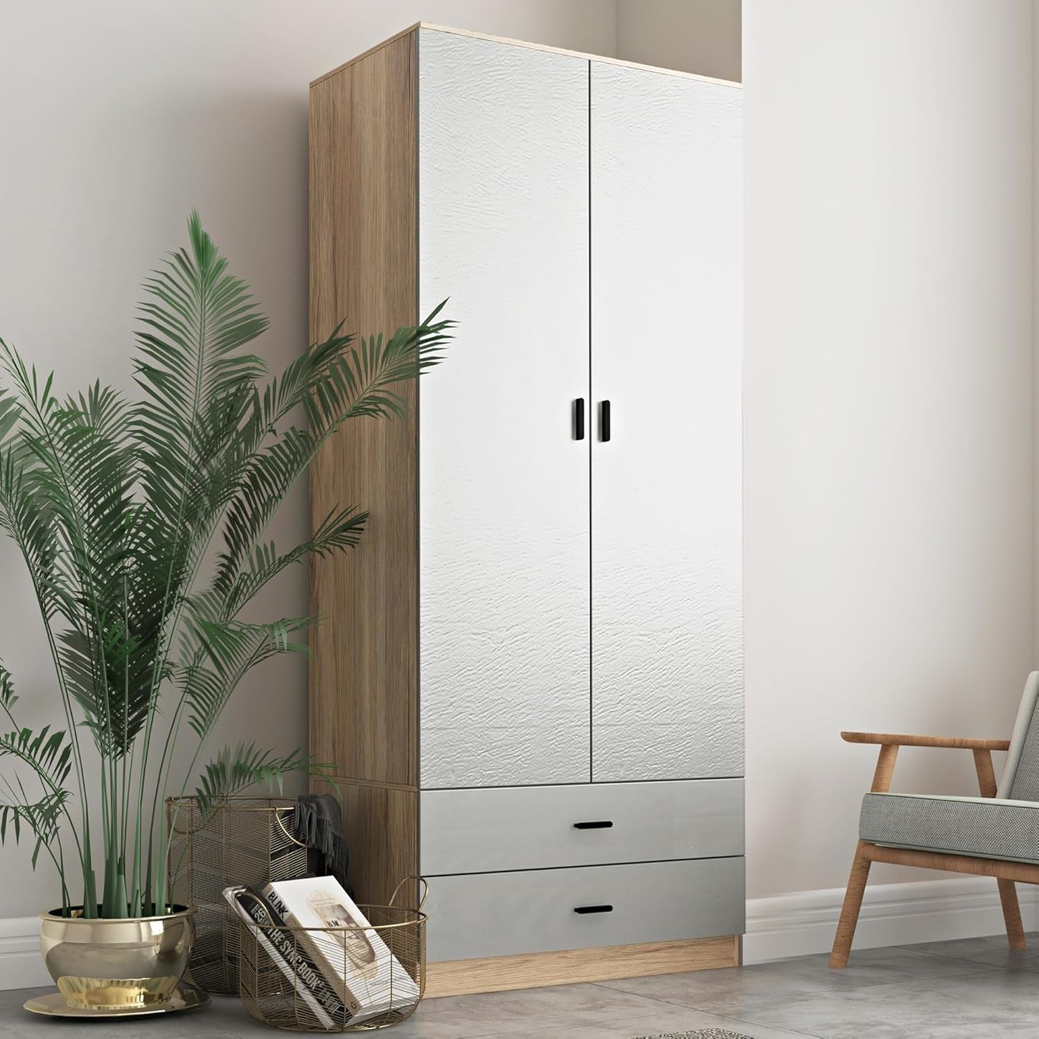 Tall Oak 2 Door Grey Wardrobe with Drawers | Modern Bedroom Clothes Storage