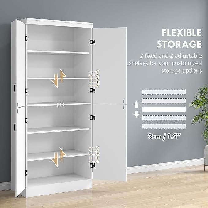 Tall White Kitchen Storage Cabinet with 4 Doors & Adjustable Shelves 176x40x60cm