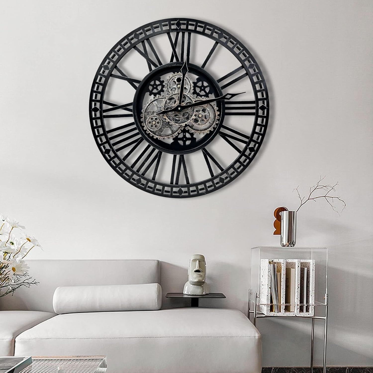Oversized Industrial Steampunk Wall Clock 24" Silent Moving Gears Decor