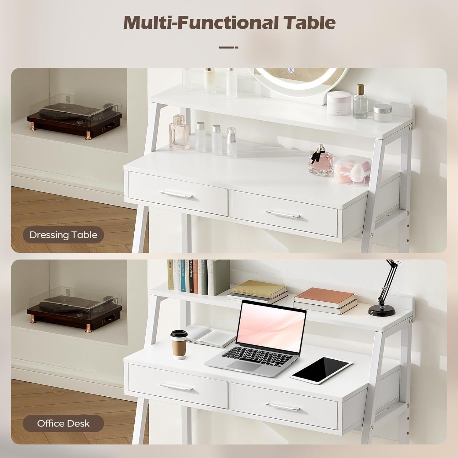 European Makeup Vanity Desk Lighted Mirror LED 3 Color 4 Drawers Storage Shelf