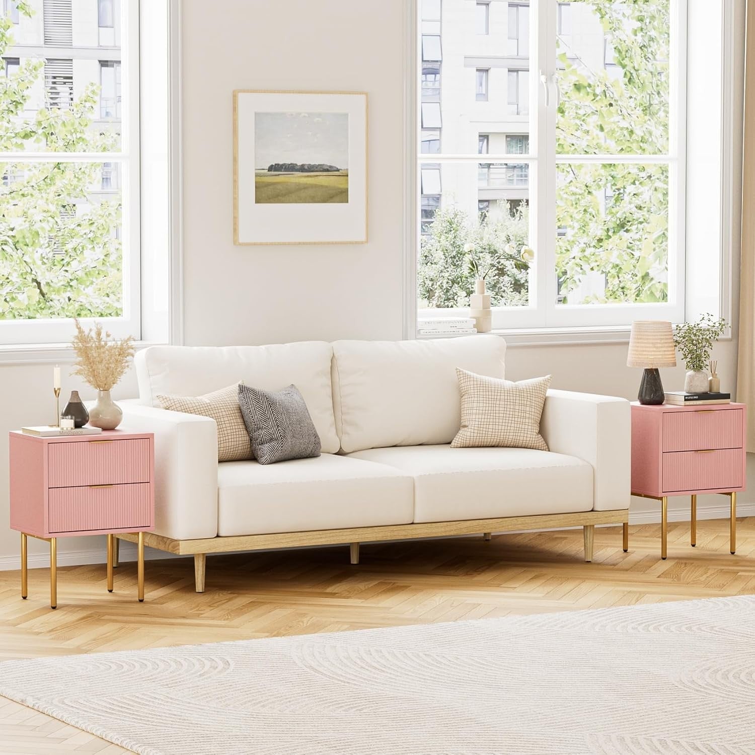 Modern Pink Bedside Table with 2 Drawers & Gold Legs | Wooden Nightstand