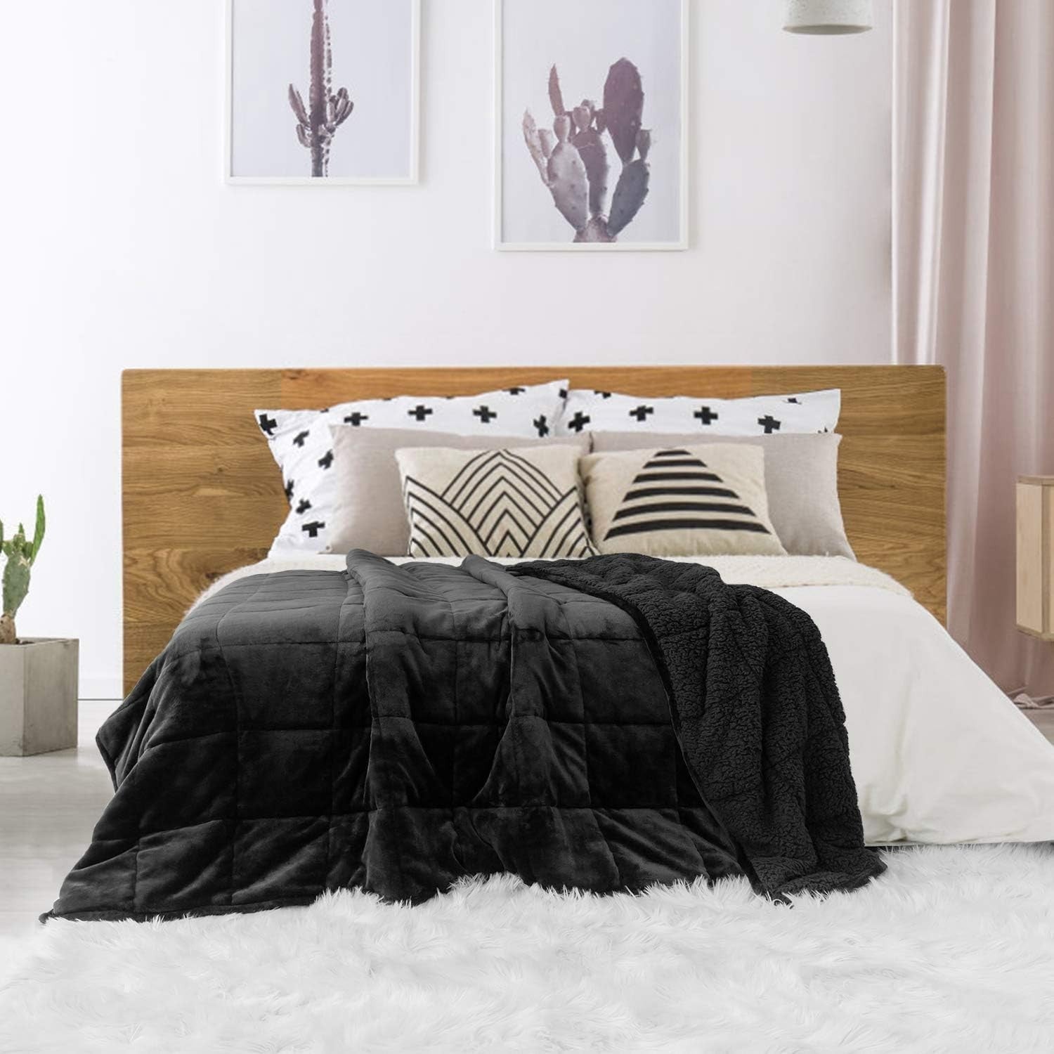 Sherpa Fleece Weighted Blanket Black 7kg 150x200cm Queen Cozy Comfort