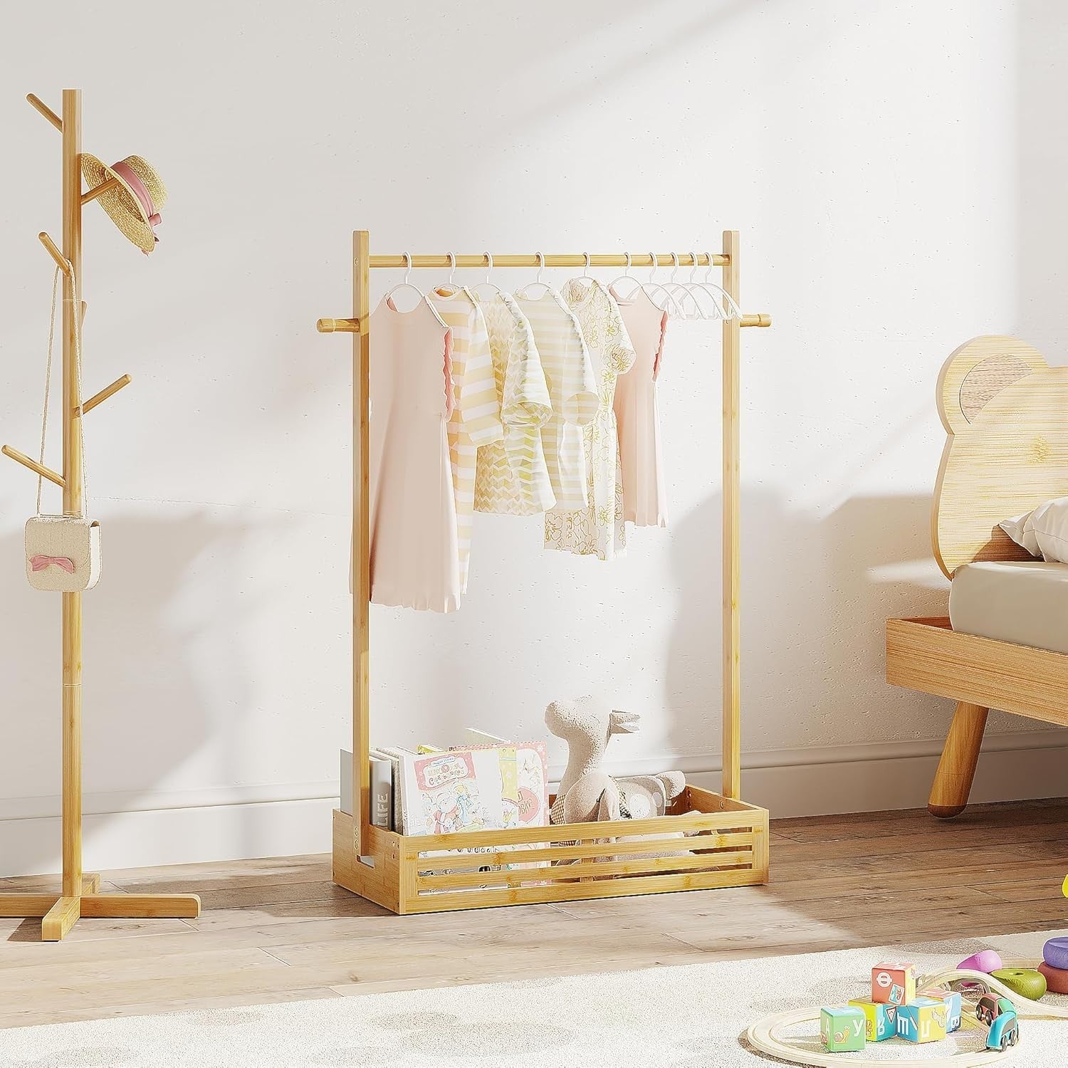 Kids Bamboo Clothes Rack with Adjustable Hanging Rod and Storage Box, Natural