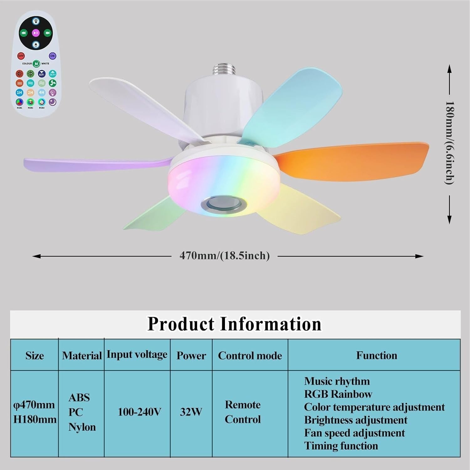 Lruvaqi 32W RGB Ceiling Fan Light, Dimmable LED, Bluetooth Music – Colorful