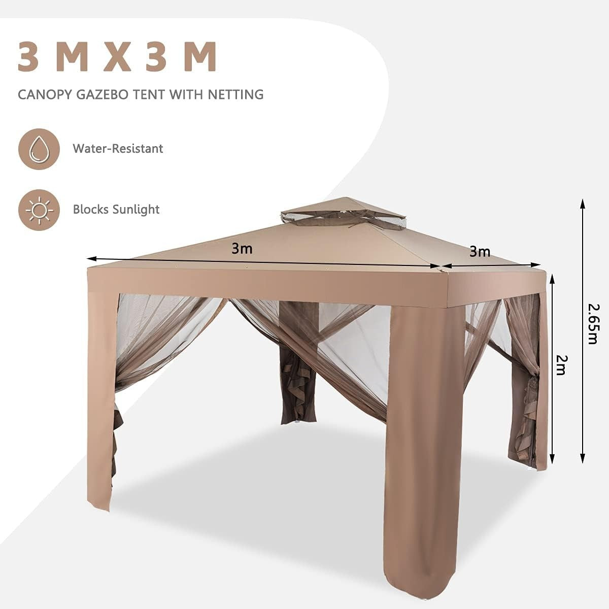 3x3M Brown Outdoor Gazebo With Zipped Mesh Sidewalls Double Roof Patio Tent