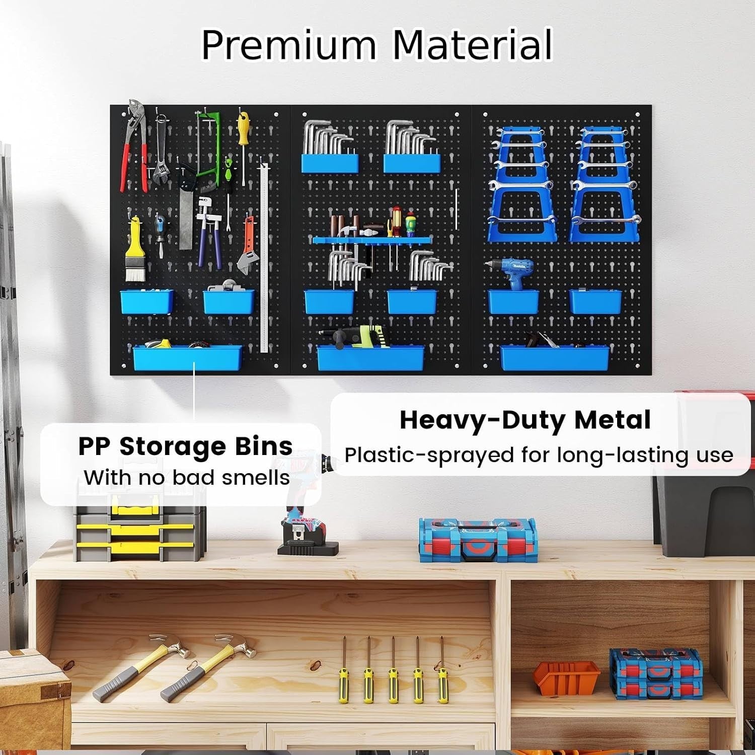 Black+Blue Pegboard Tool Organizer 3 Boards 26 Accessories Wall Rack