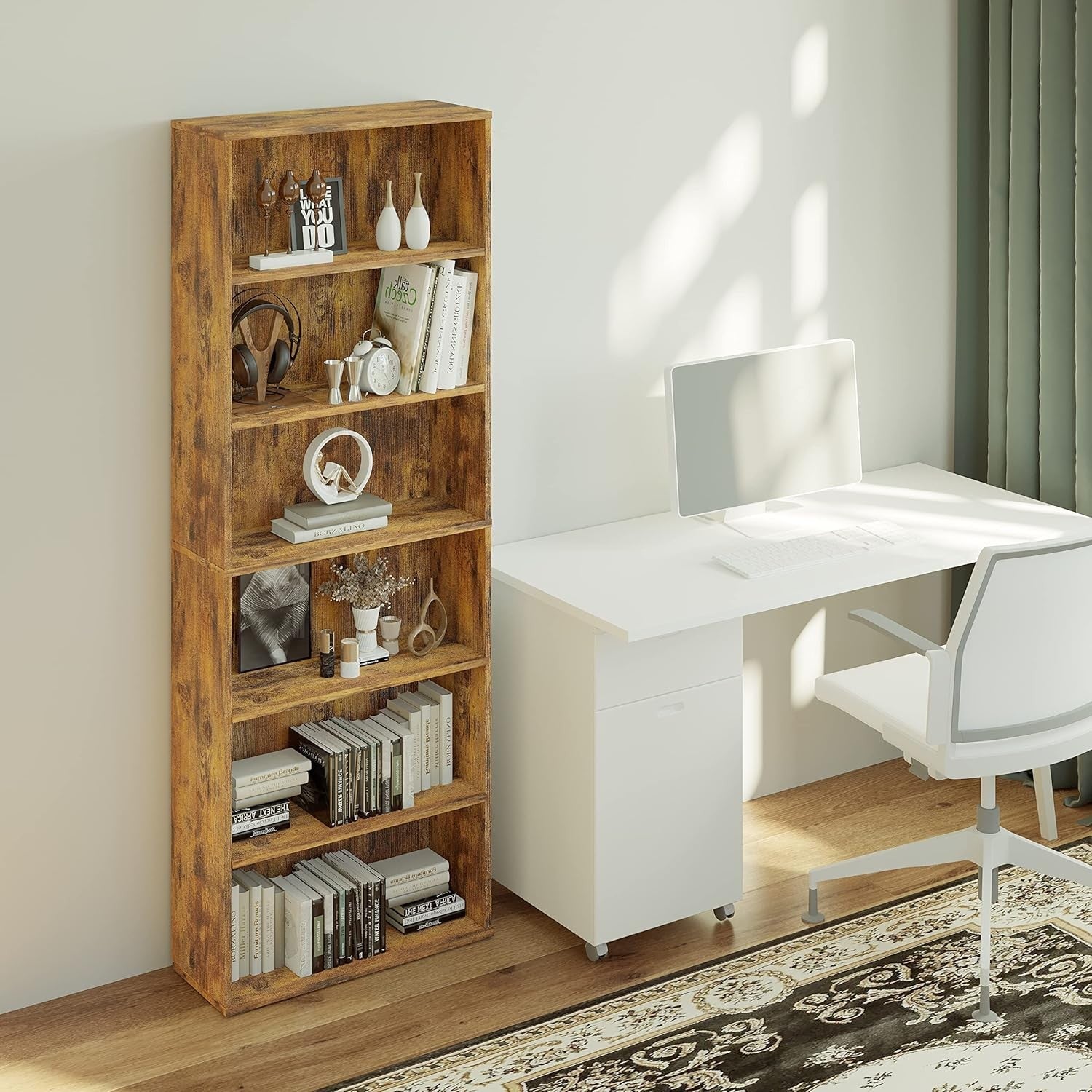 6-Tier Tall Wooden Bookcase Rustic Brown Large Storage Shelf Unit Home Office