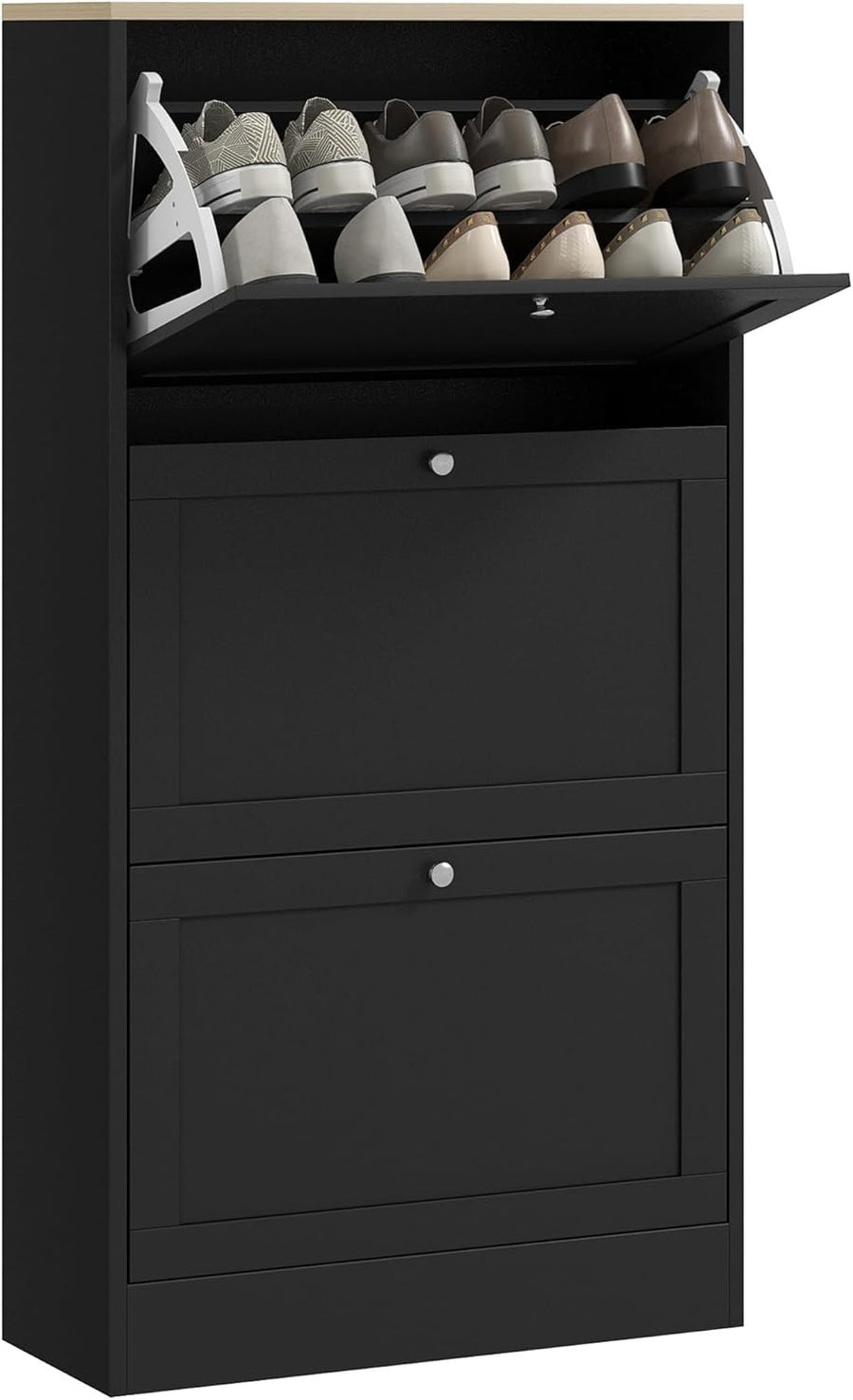 Slim Black Shoe Cabinet 3 Flip Drawers Adjustable Shelves Space Saving Rack