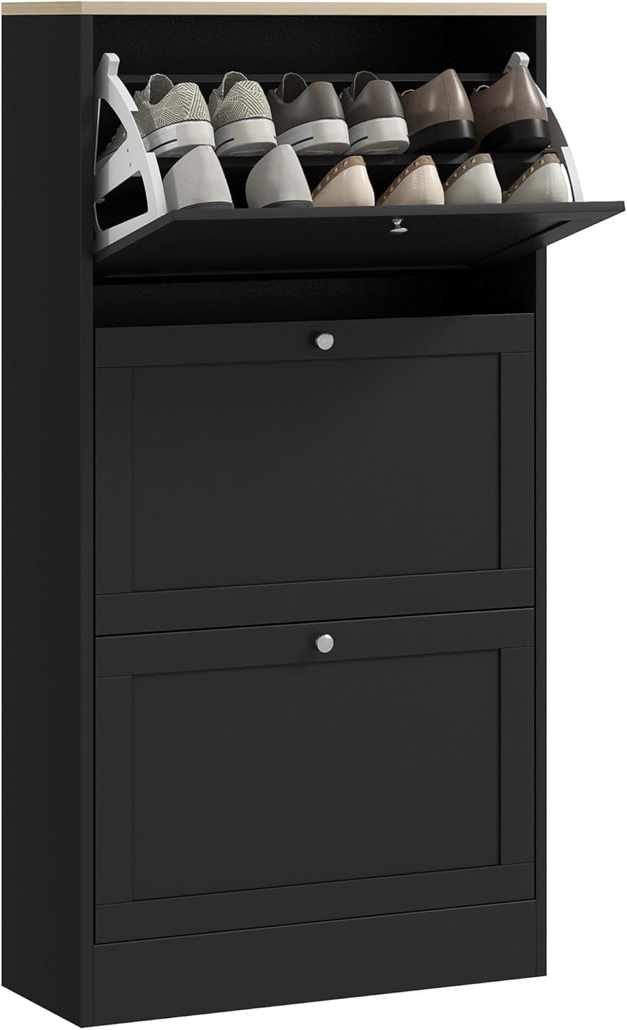 Slim Black Shoe Cabinet 3 Flip Drawers Adjustable Shelves Space Saving Rack