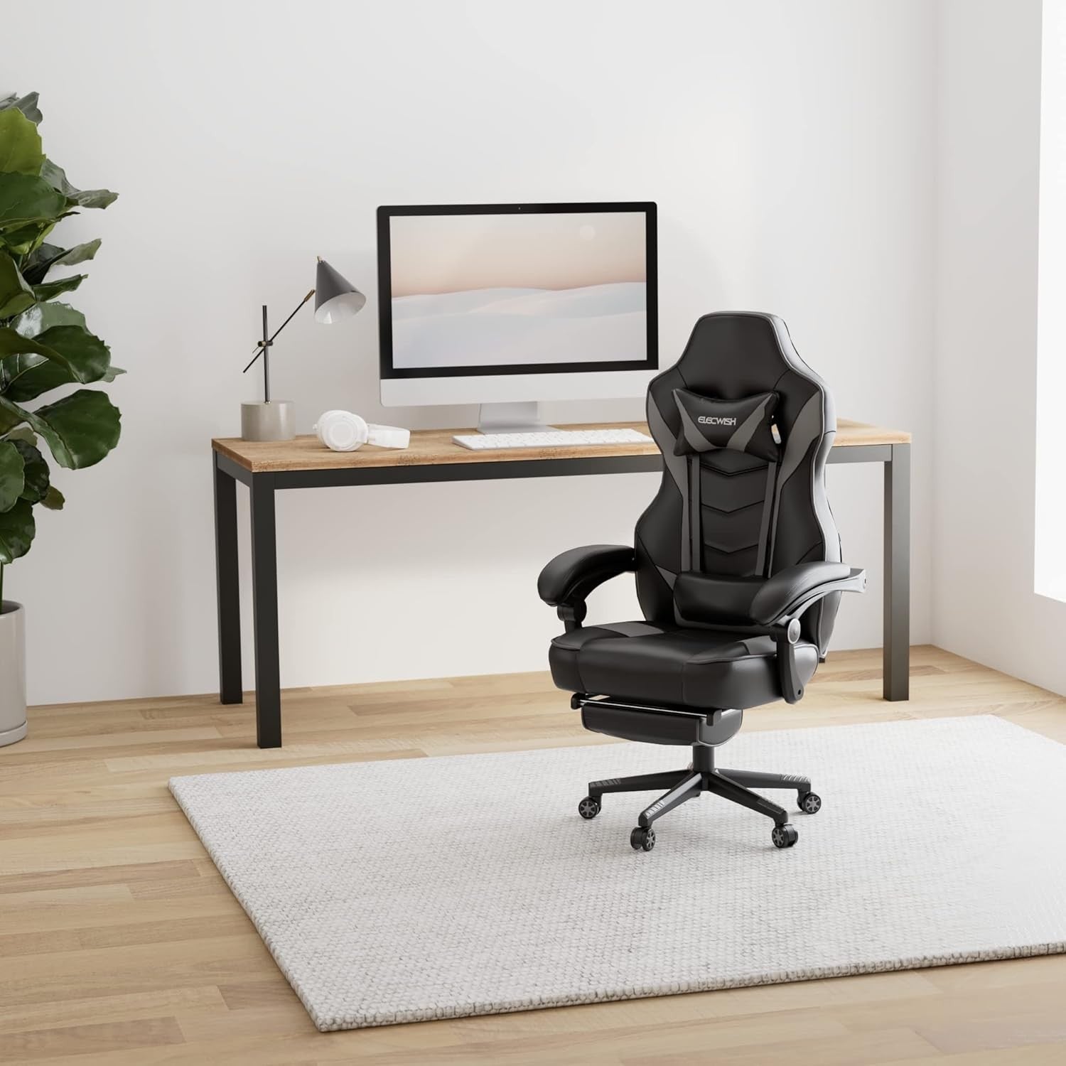 Racing Gaming Chair w/ Footrest Reclining PU Leather Grey