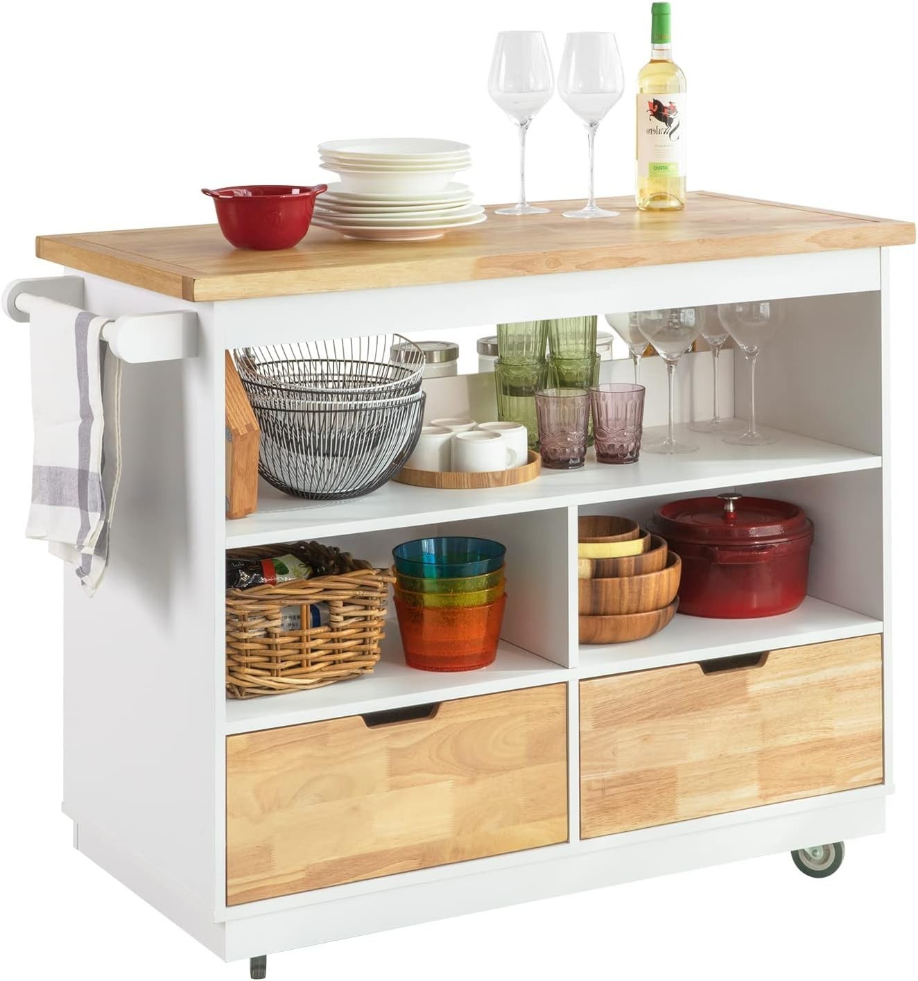 Kitchen Storage Trolley Island with Rubber Wood Worktop, Drawers & Wheels, 118x5