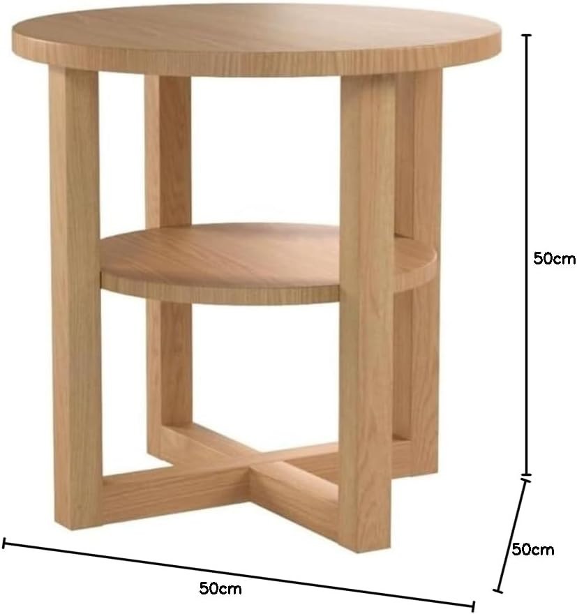 Oak Round Side Table 2-Tier | Small Coffee Table with Storage Shelf 50cm