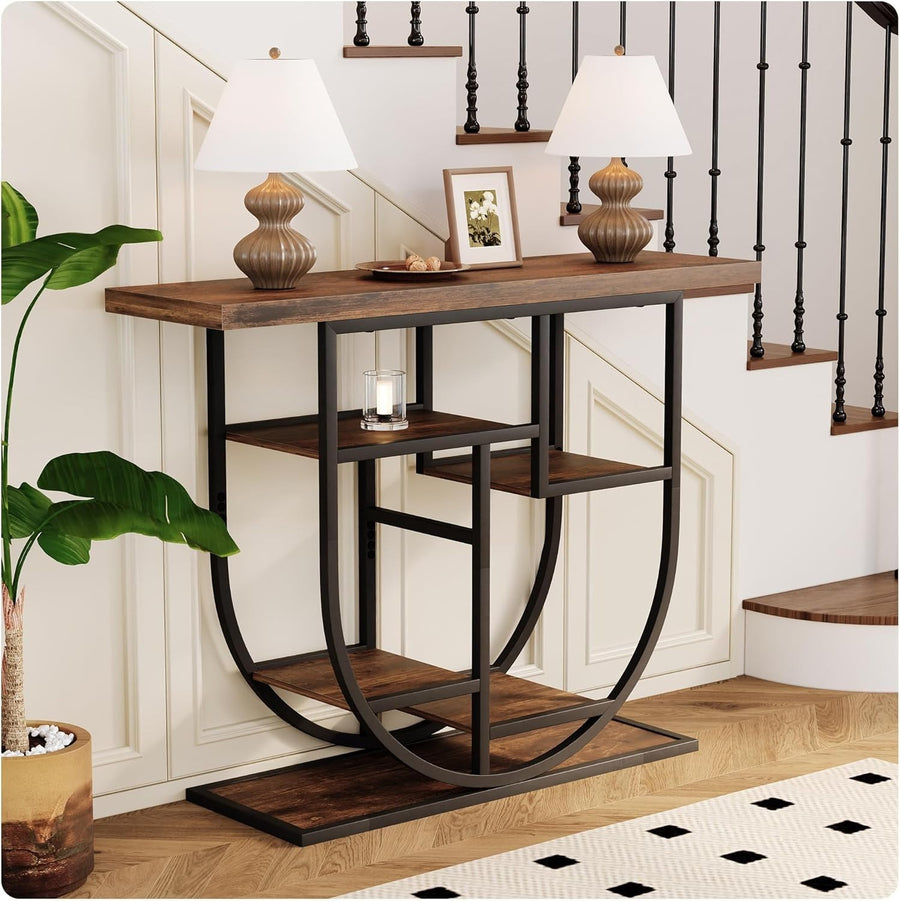 Narrow Rustic Console Table with Storage Shelves & Metal Frame 103cm