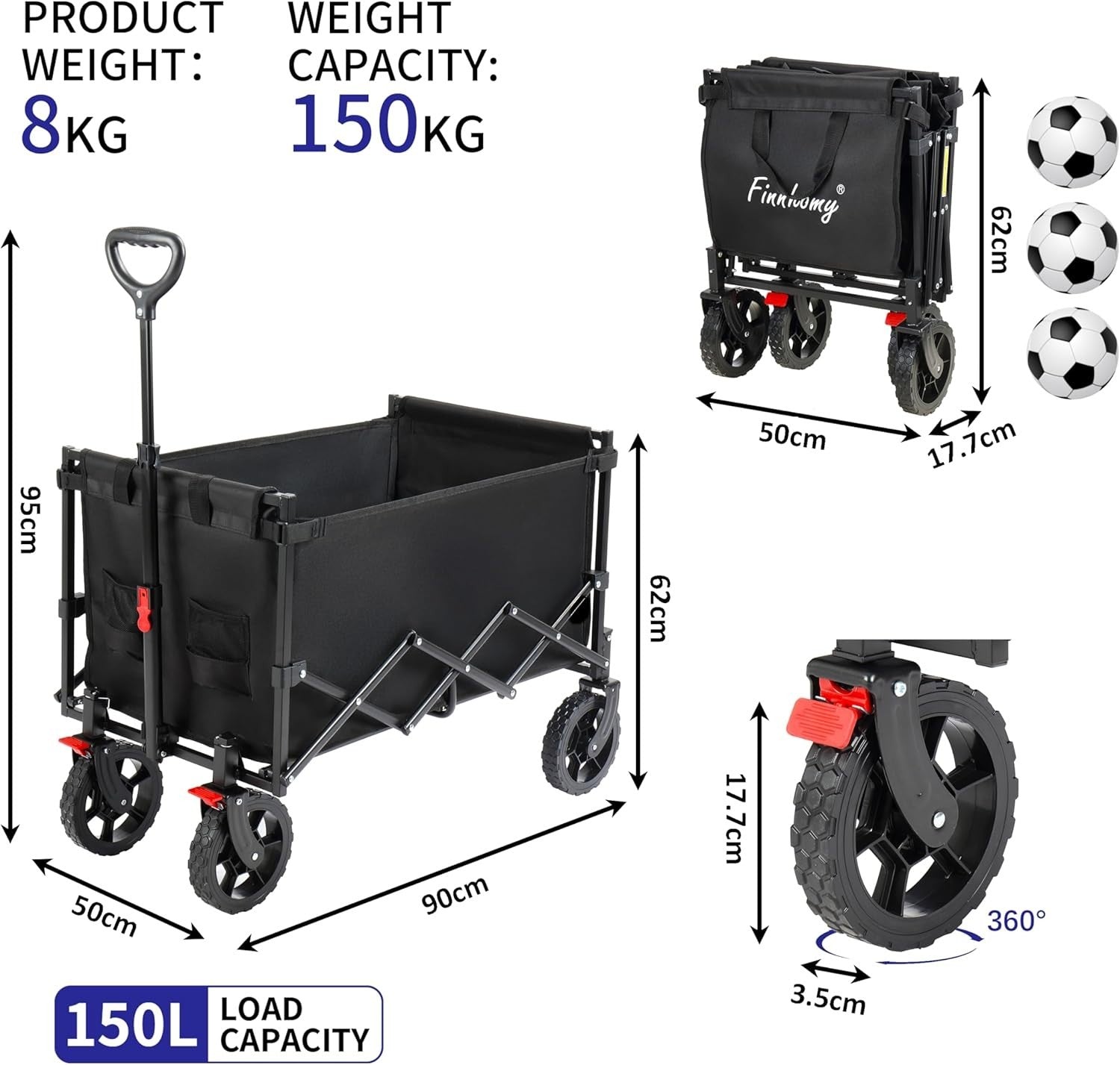 Folding Camping Trolley 150L Heavy Duty Collapsible Cart with Brake & Wheels