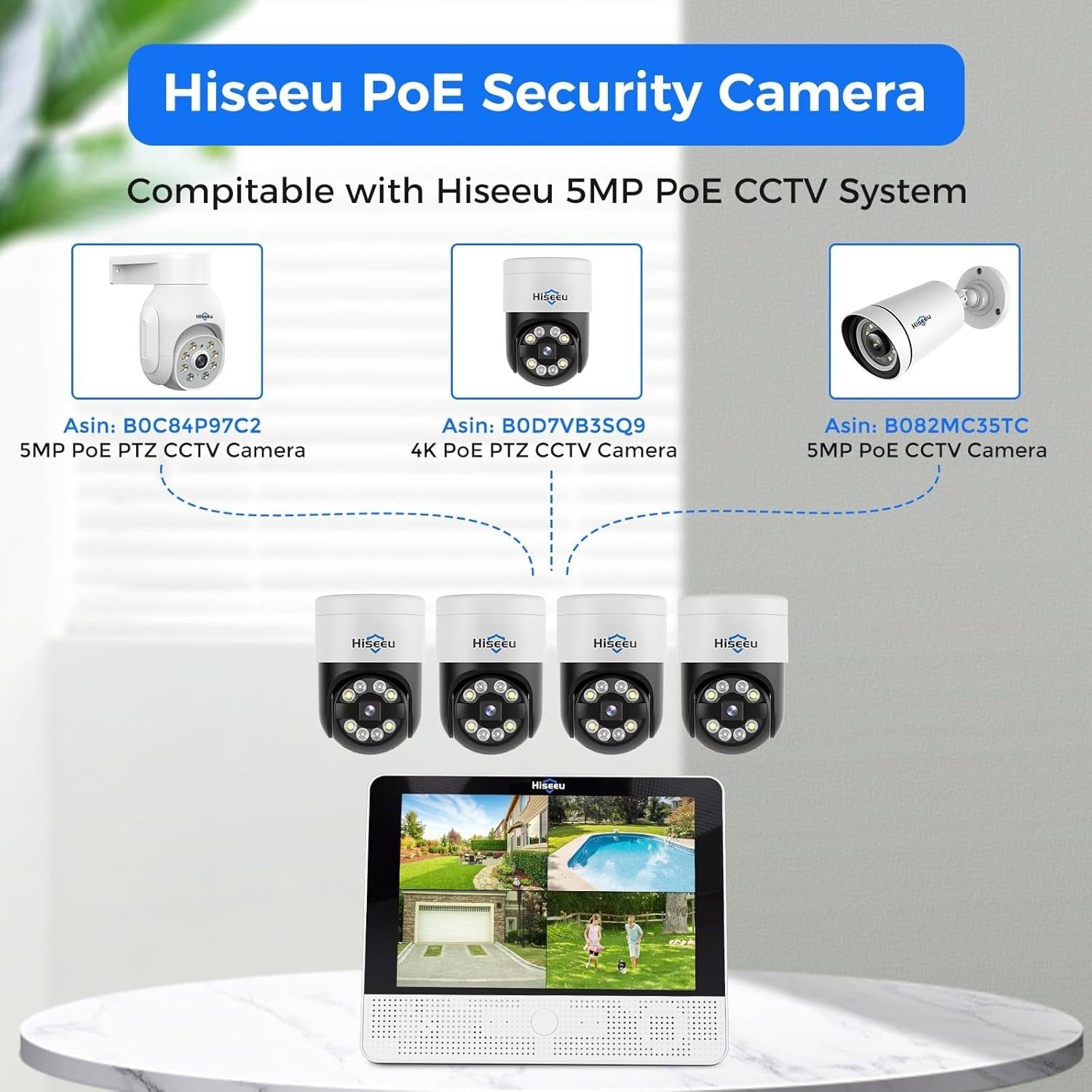 4K PoE PTZ CCTV Camera System 8CH NVR 3TB HDD 10" Monitor 4 Cameras