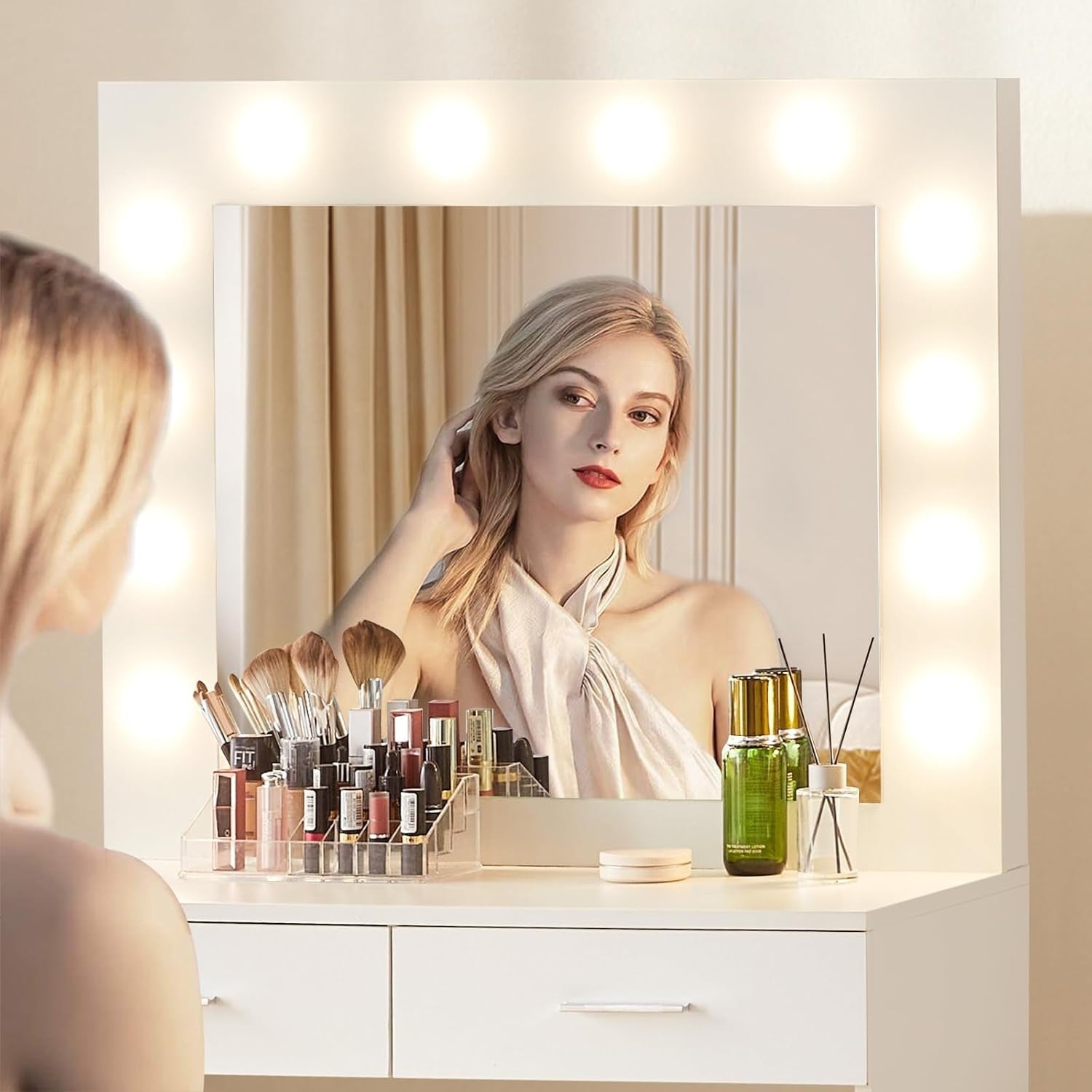 White LED Vanity Dressing Table Makeup Desk Stool Set 2 Drawers Storage Mirror