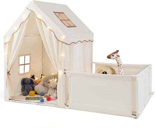 Kids Play Tent Beige Castle with Lights Mat Indoor Toddler Playhouse