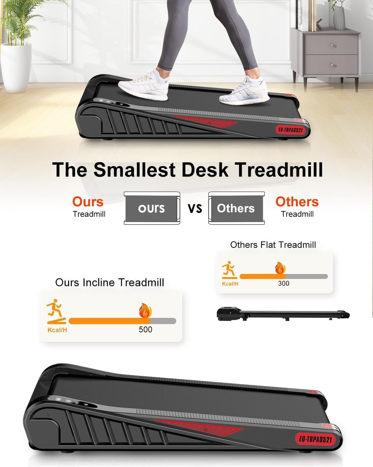 Compact Under Desk Treadmill 6km/h Incline Home Office Fitness Pad