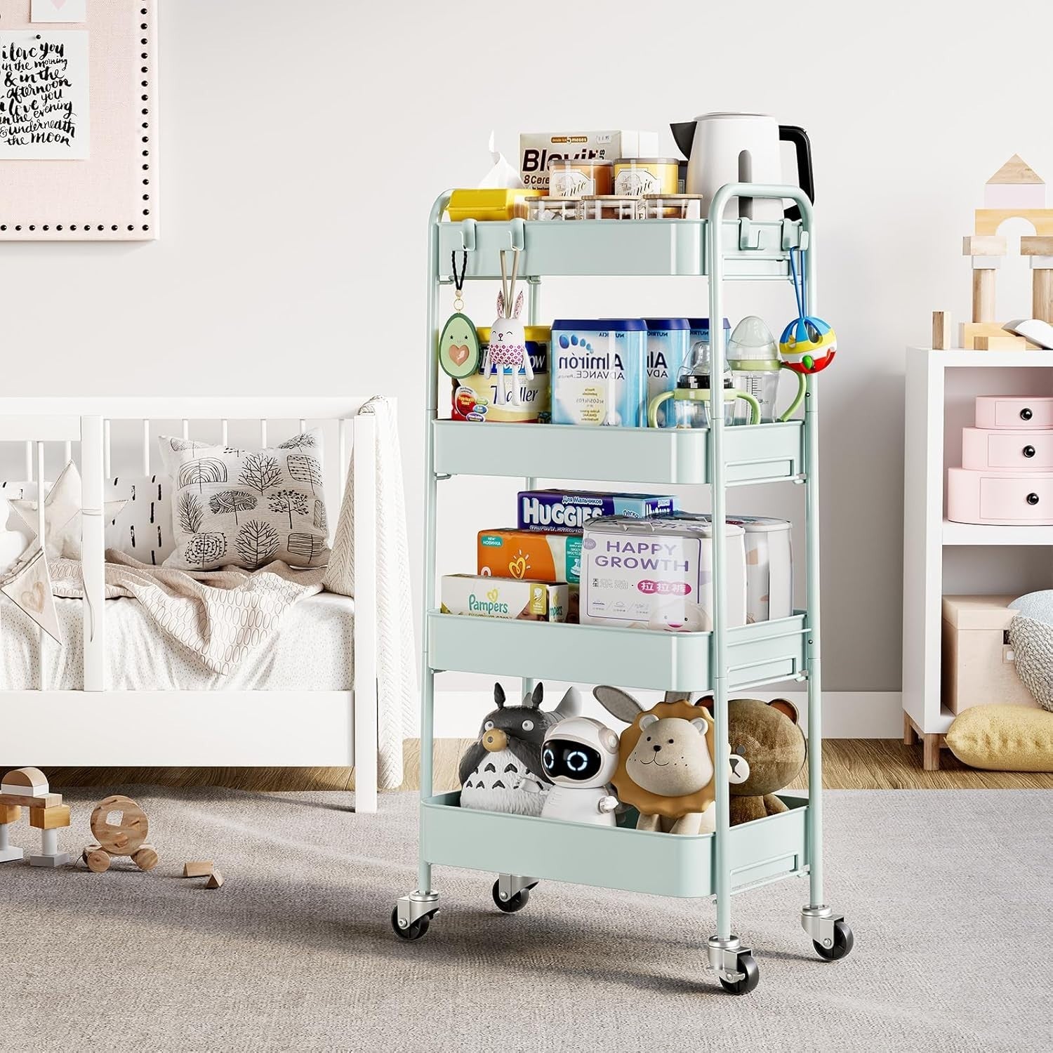 4 Tier Metal Storage Trolley on Wheels Utility Cart