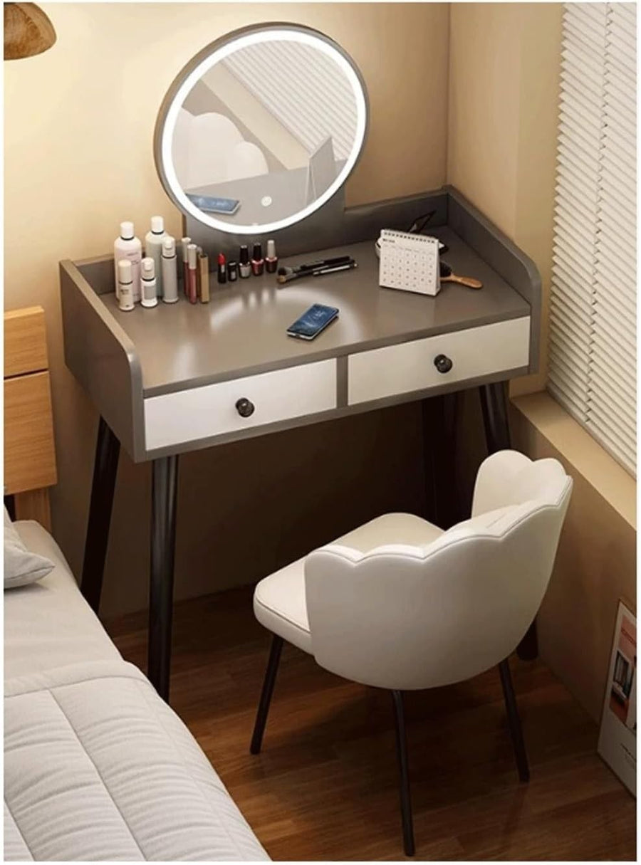 Grey Makeup Vanity Table Set w/ Lighted Mirror 3 Color LED Storage Drawers Desk