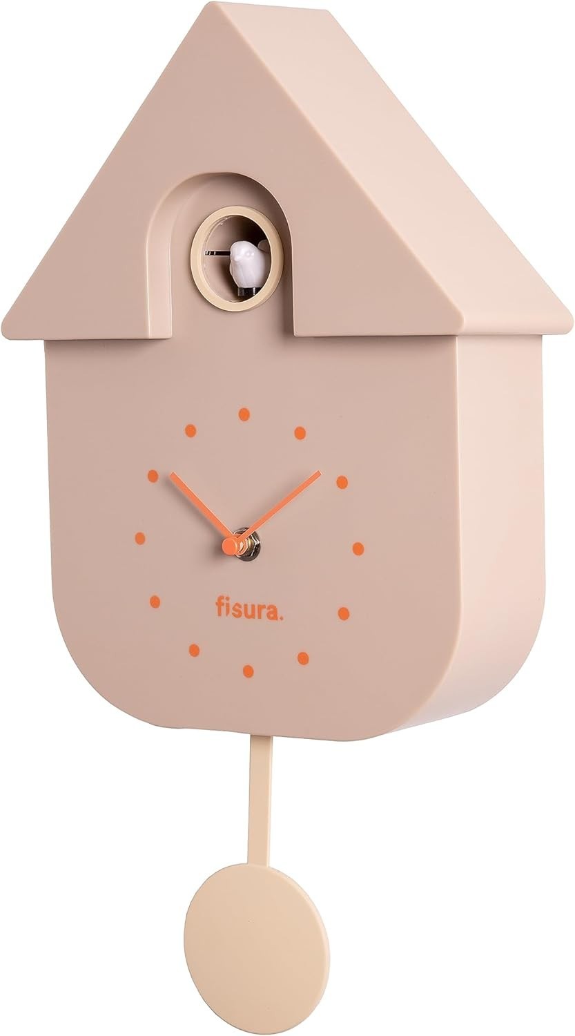 Modern Beige Cuckoo Wall Clock with Orange Dial | Silent, Battery Operated