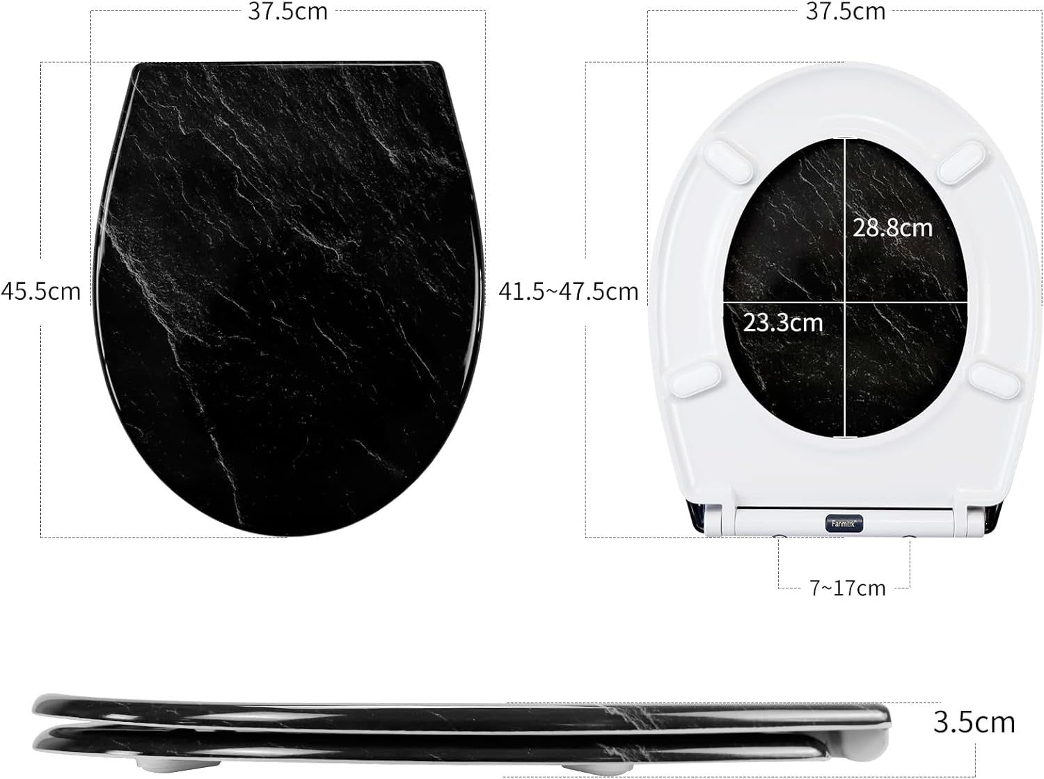 Black Marble Toilet Seat Soft Close Duroplast Quick Release Top Fix 45x37cm