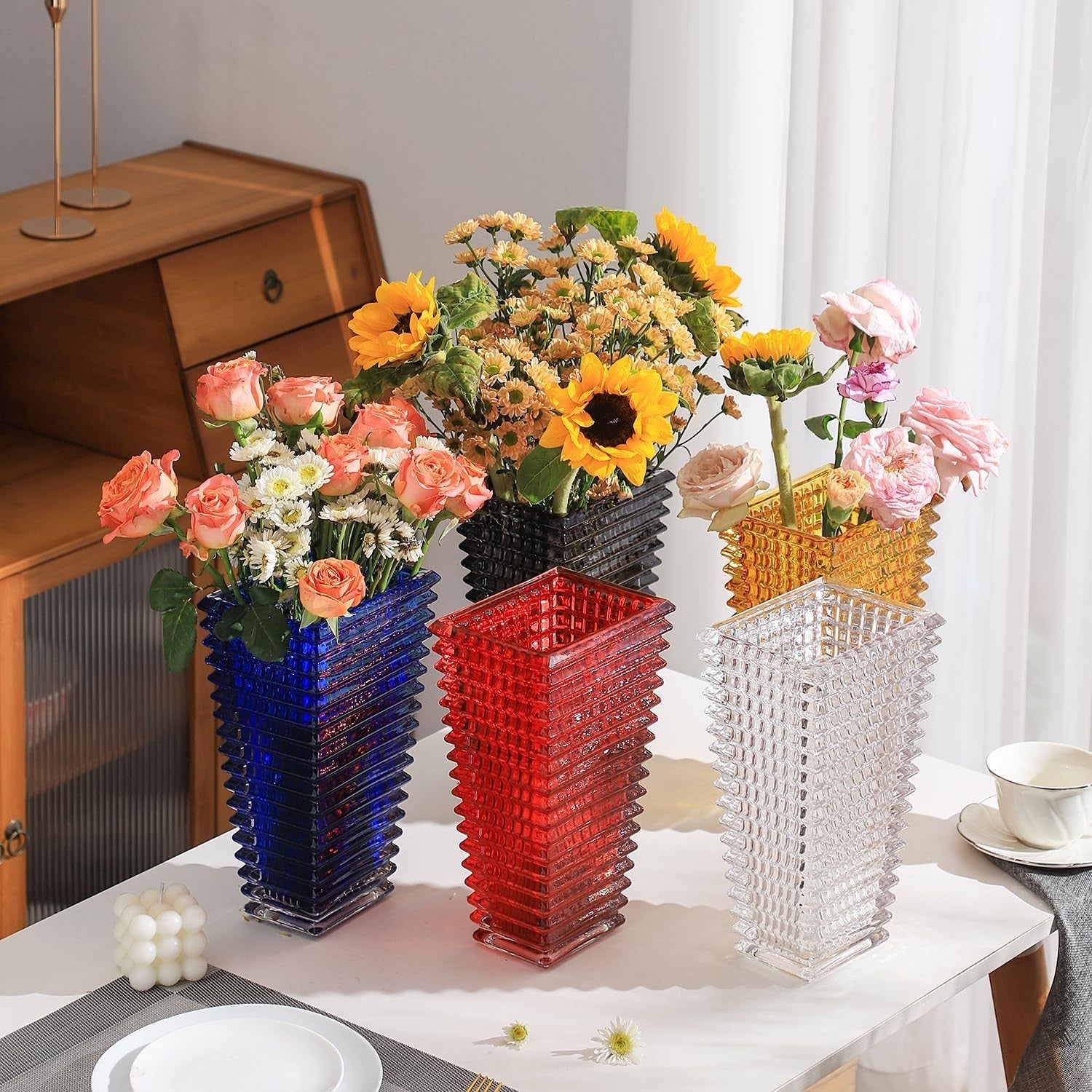 Clear Crystal Glass Vase XL Square Modern Flower Display Table Home Decor