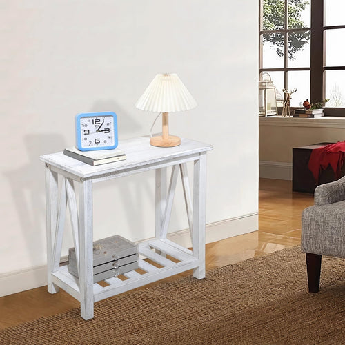 Slim Farmhouse End Table with Storage Shelf, Rustic White, Space-Saving