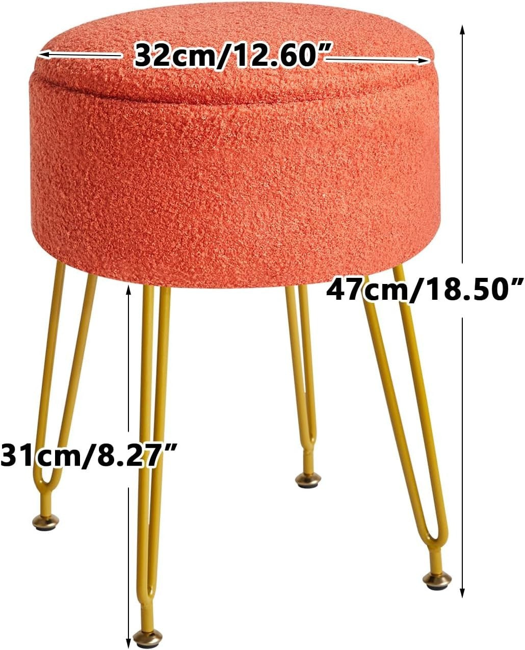 Orange Teddy Velvet Storage Footrest Stool – Vanity Ottoman with Golden Legs