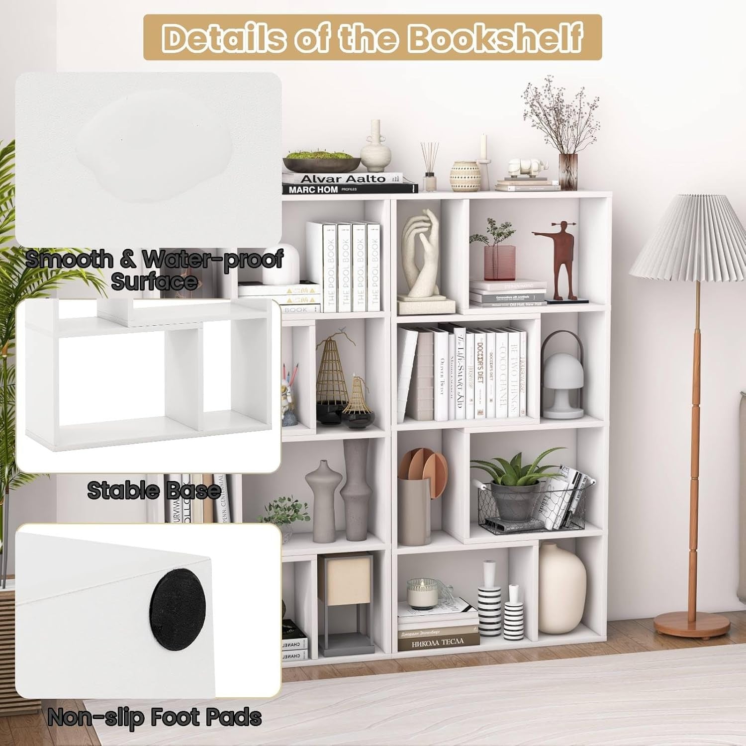 5-Tier White Geometric Bookcase Tall 8-Cube Modern Storage Shelf for Home Office